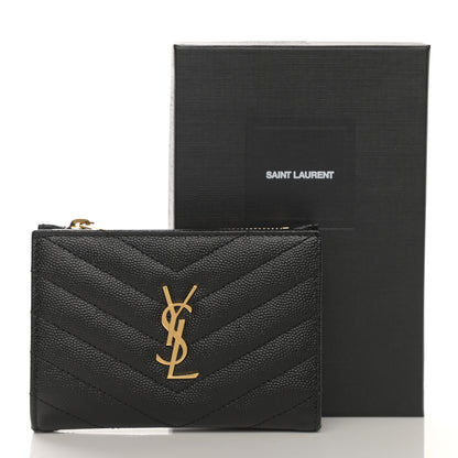 Saint Laurent Grain De Poudre Matelasse Chevron Monogram Zipped Card Case Black 8 of 8