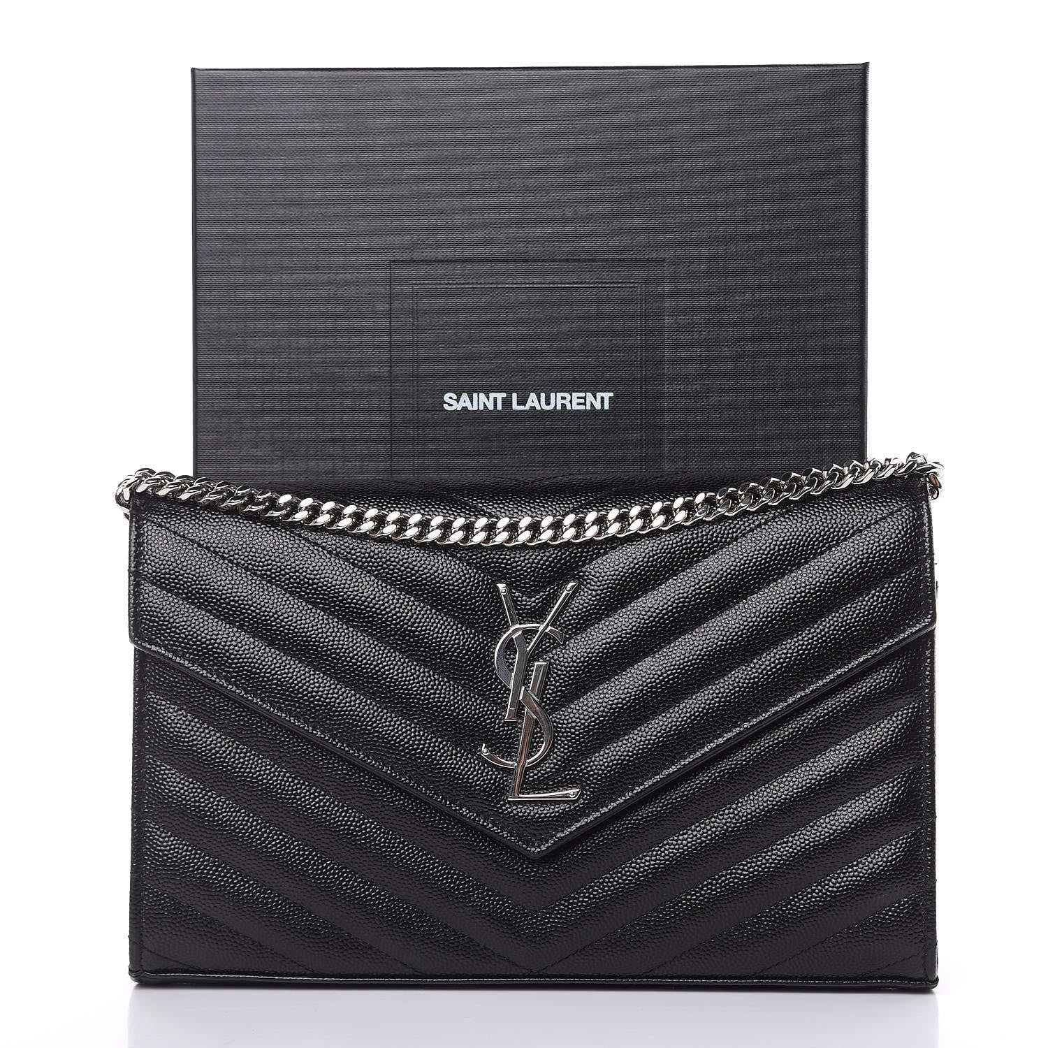 Saint Laurent Grain De Poudre Matelasse Chevron Monogram Chain Wallet Black 10 of 10