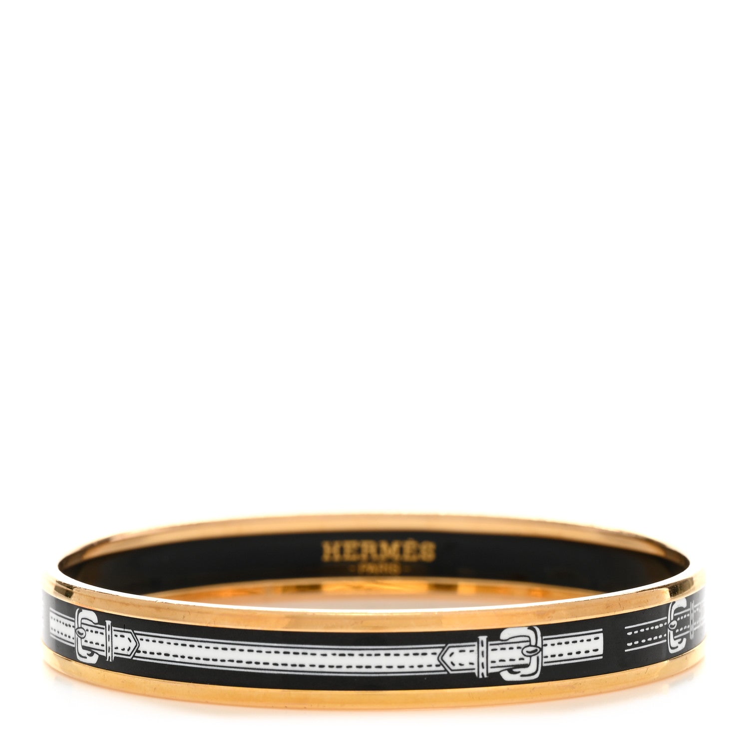 Hermes Enamel Printed Narrow Harnais Des Presidents Bracelet 70 Black White 1 of 5