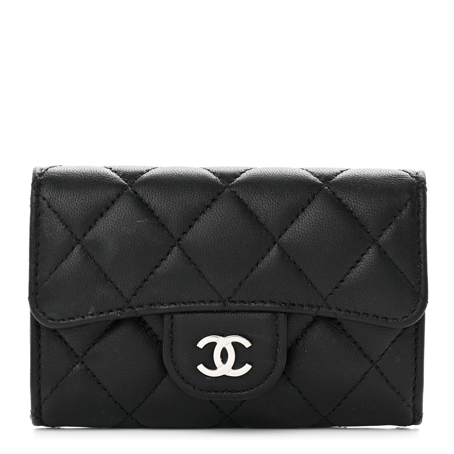 Lambskin Quilted Flap Card Holder Wallet Black