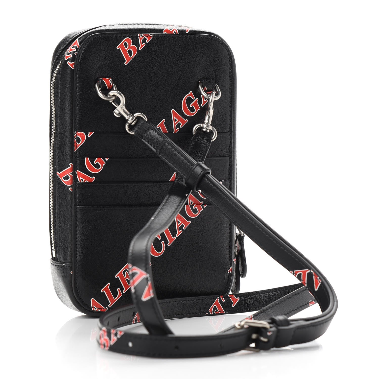 Balenciaga Calfskin Logo Print Cash Phone Holder Bag Black Red 3 of 8