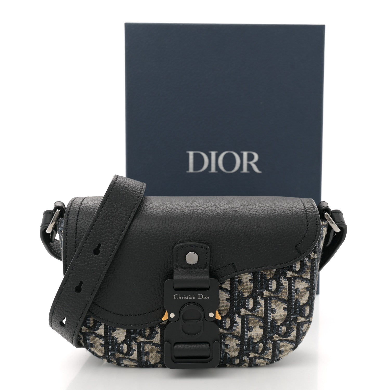 Christian Dior Grained Calfskin Oblique Mini Saddle Messenger Bag With Flap Beige Black 11 of 11