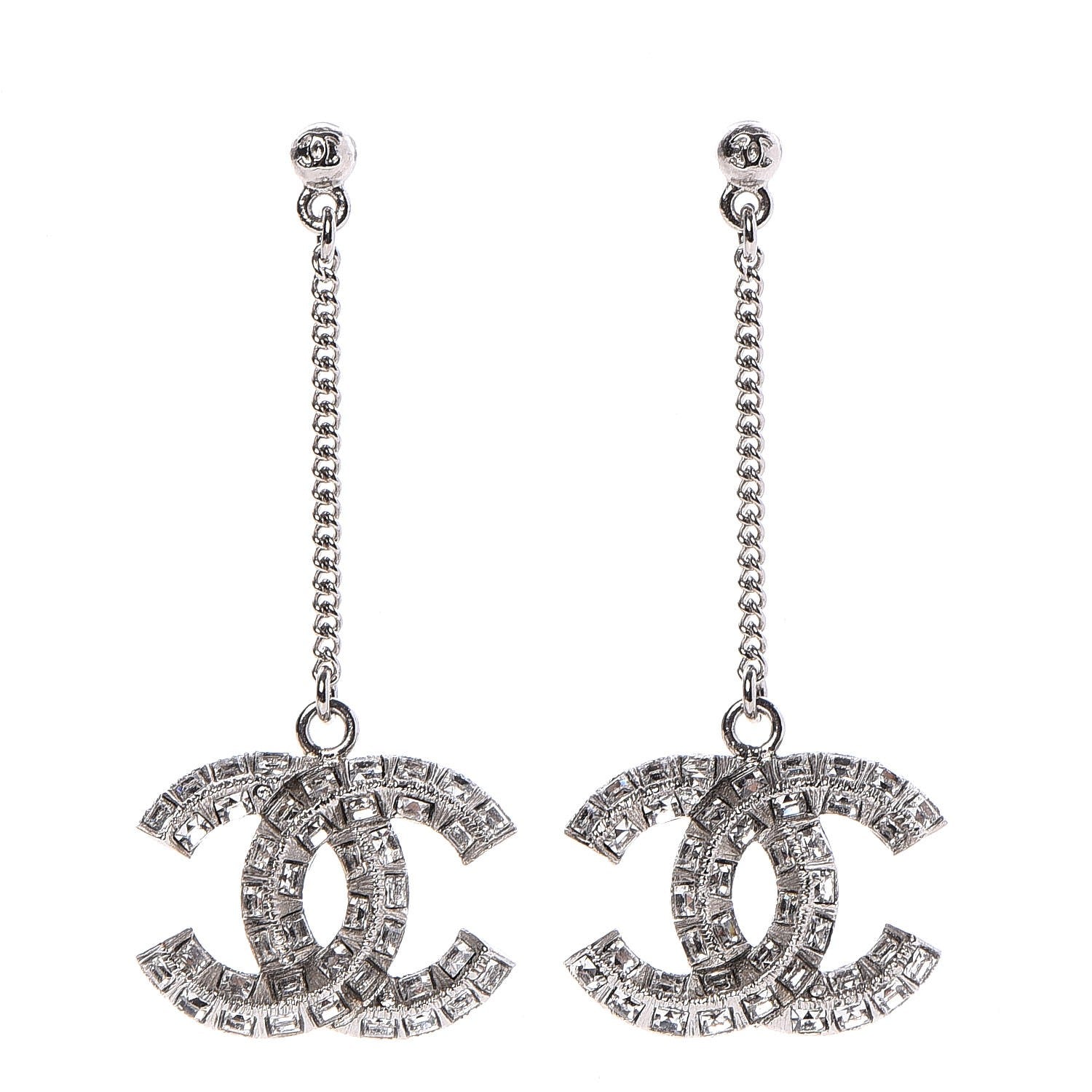 Chanel Baguette Crystal CC Dangle Earrings Silver 1 of 3