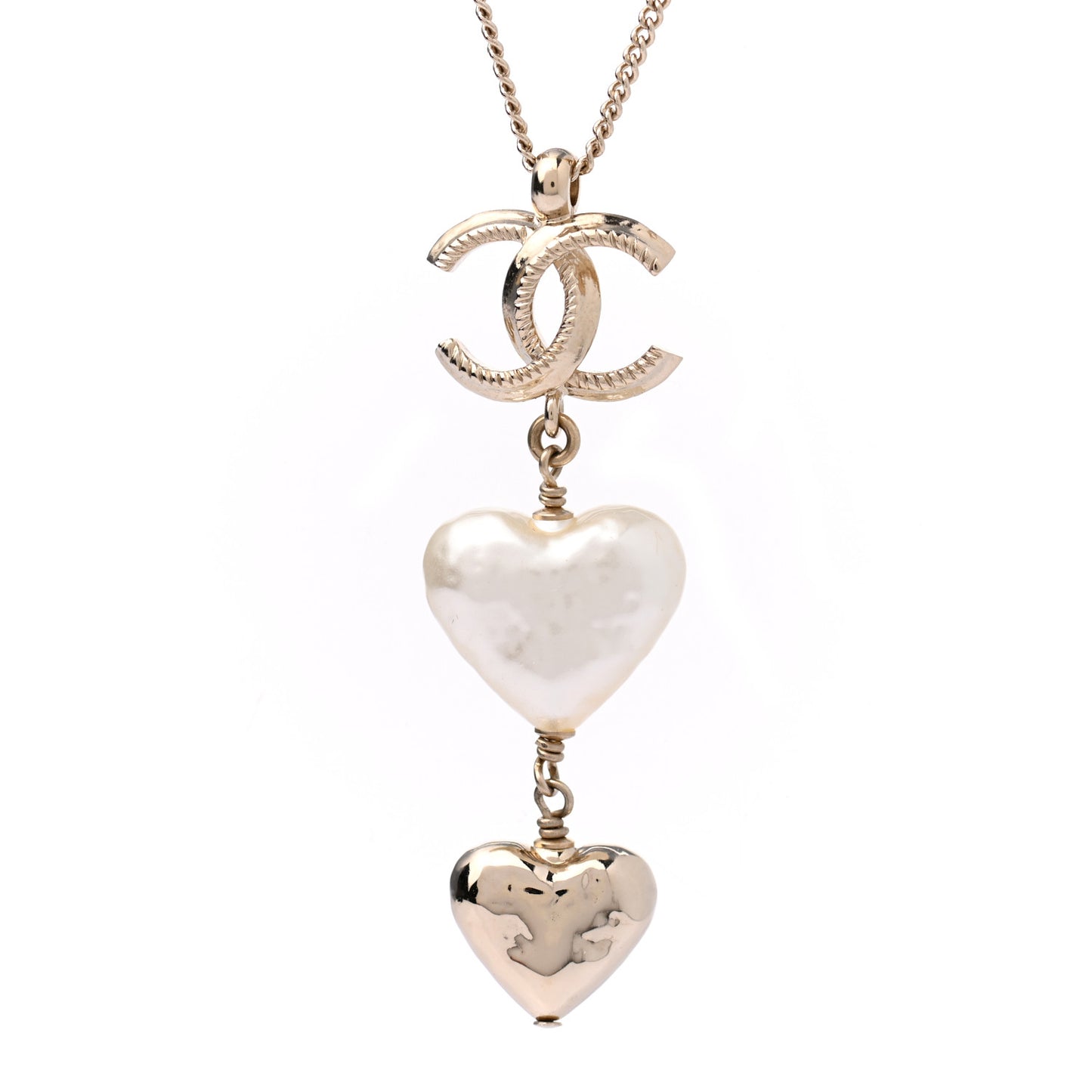 Pearl CC Double Heart Drop Necklace Pearly White Gold