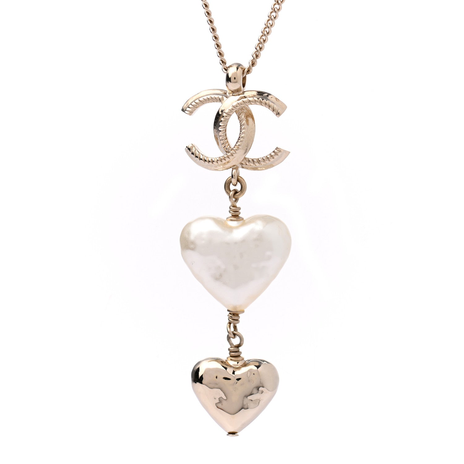 Chanel Pearl CC Double Heart Drop Necklace Pearly White Gold 4 of 5