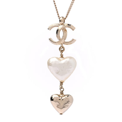 Chanel Pearl CC Double Heart Drop Necklace Pearly White Gold 4 of 5