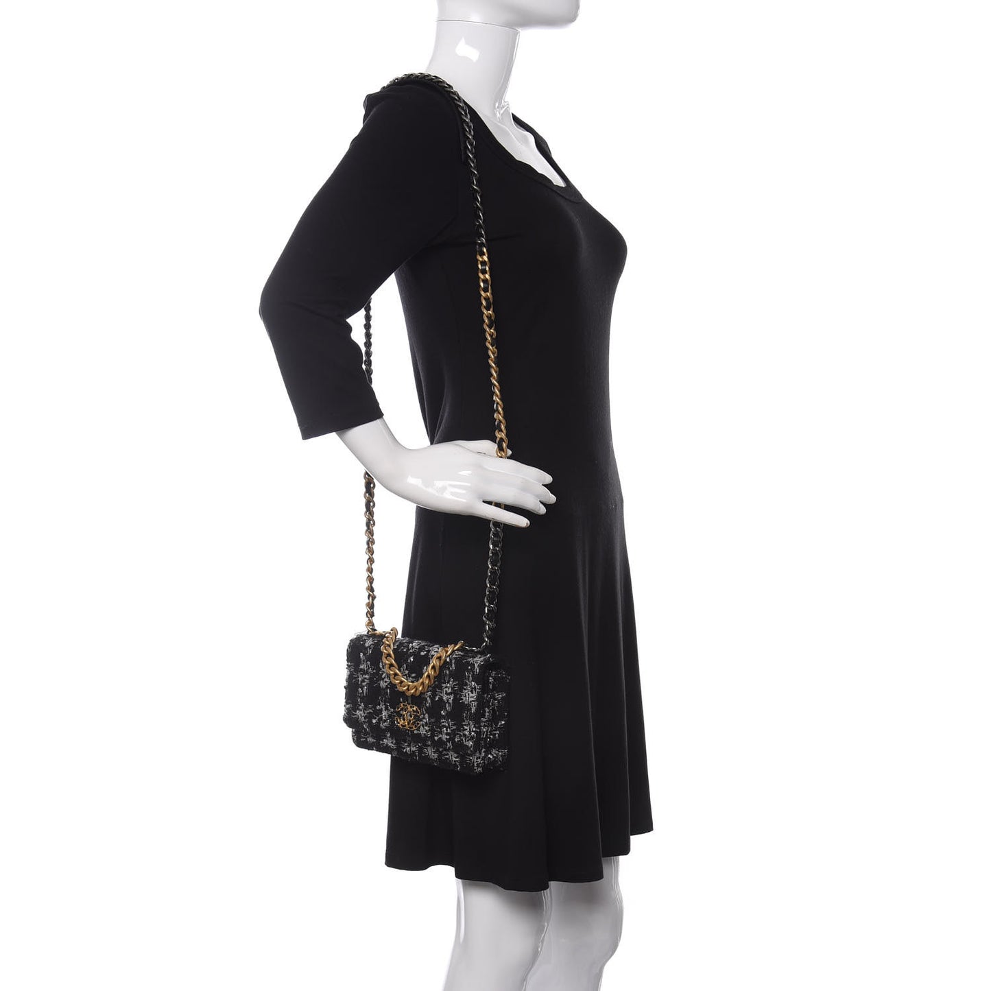 Tweed Quilted Chanel 19 Wallet On Chain WOC Black Silver Ecru