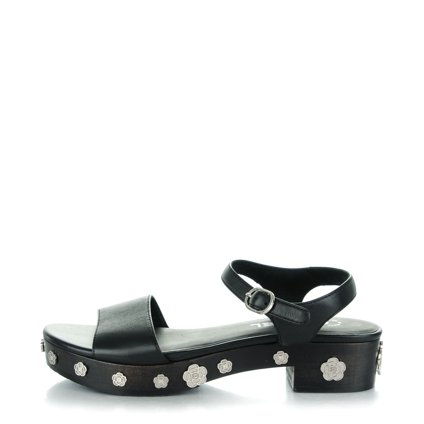 Calfskin Camellia Platform Sandals 38 Black