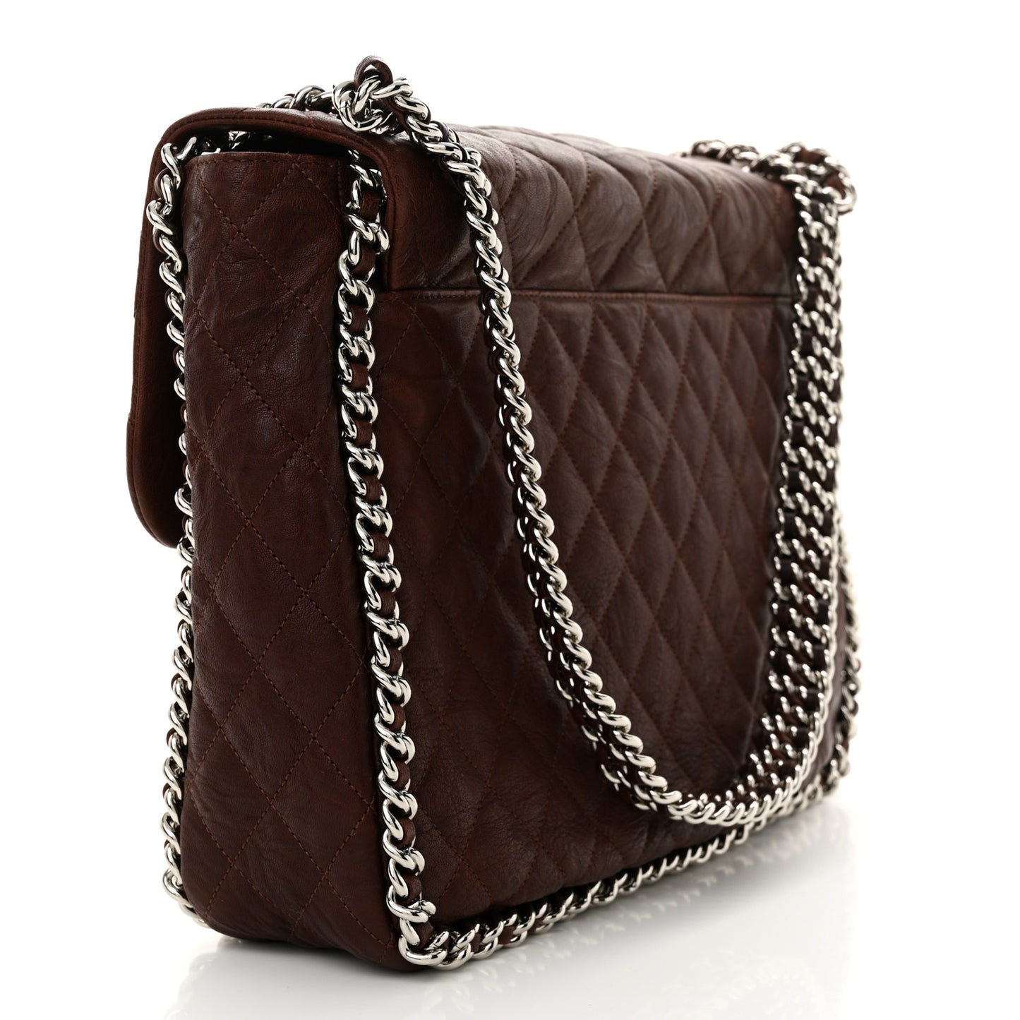 Washed Lambskin Quilted Chain Around Maxi Flap Dark Brown