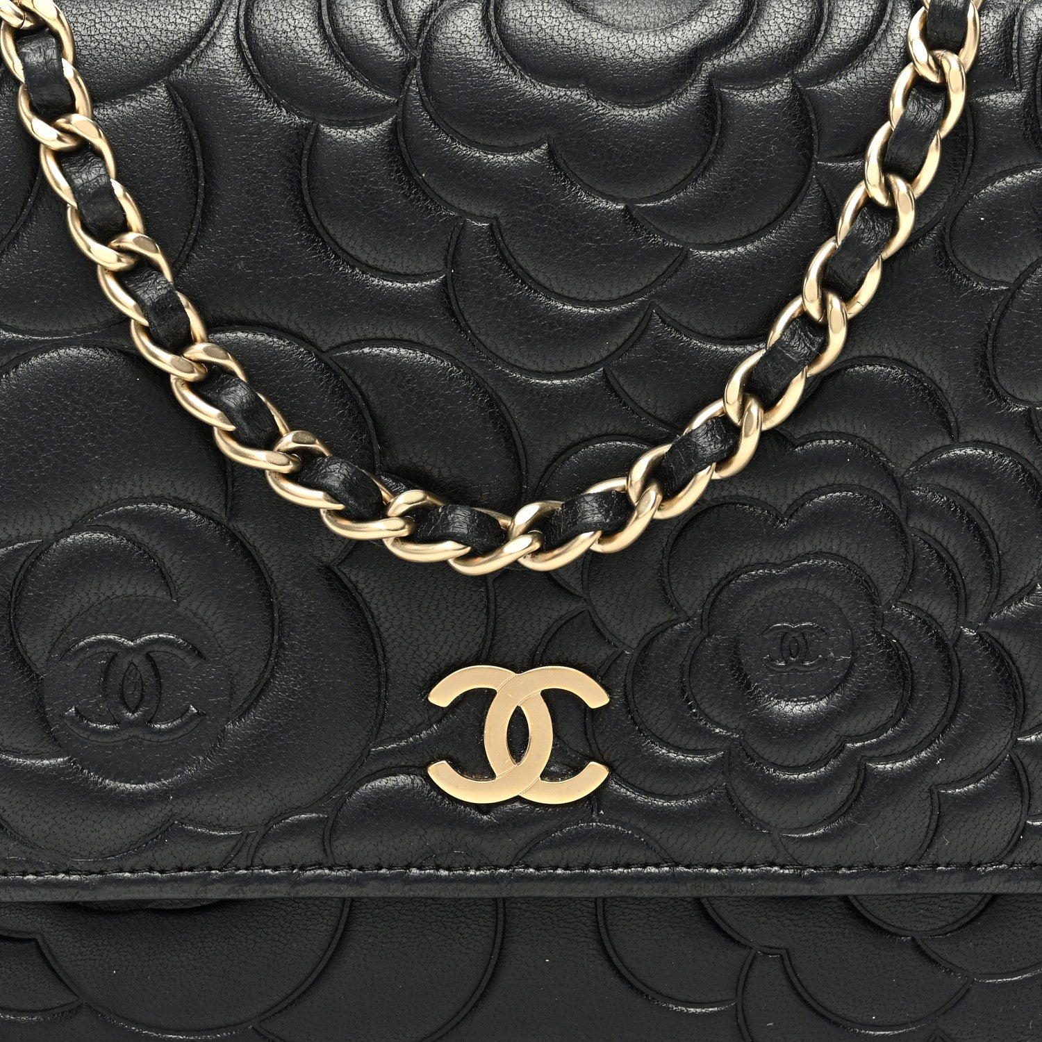 Chanel Lambskin Camellia Embossed Wallet On Chain WOC Black 8 of 11