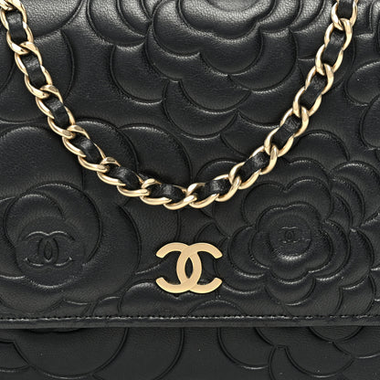 Chanel Lambskin Camellia Embossed Wallet On Chain WOC Black 8 of 11