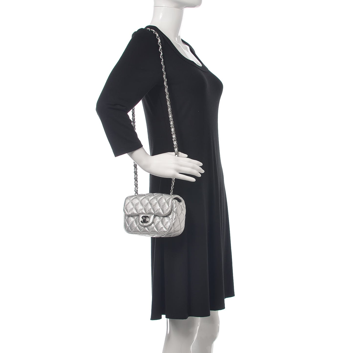 Metallic Lambskin Perforated Mini Rectangular Flap Silver