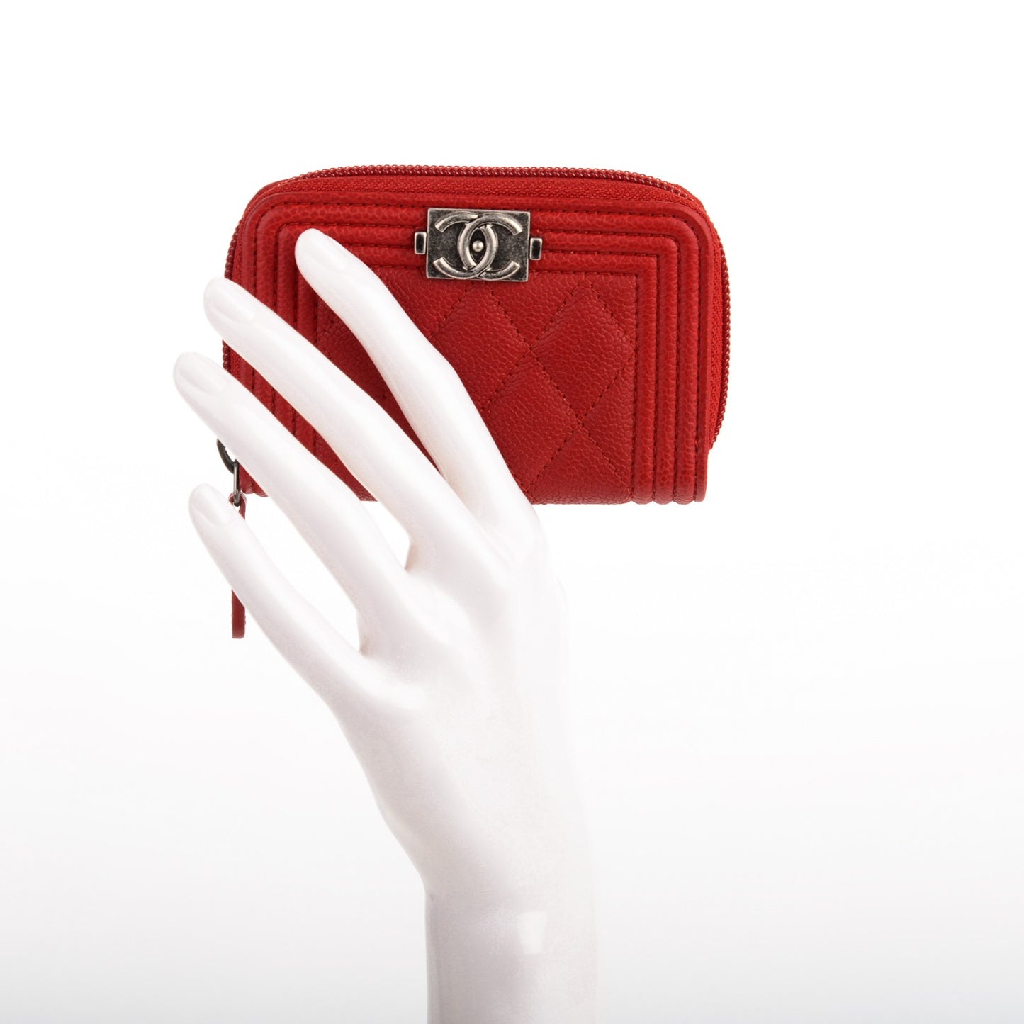 Caviar Quilted Boy Zip Around Coin Purse Wallet Red