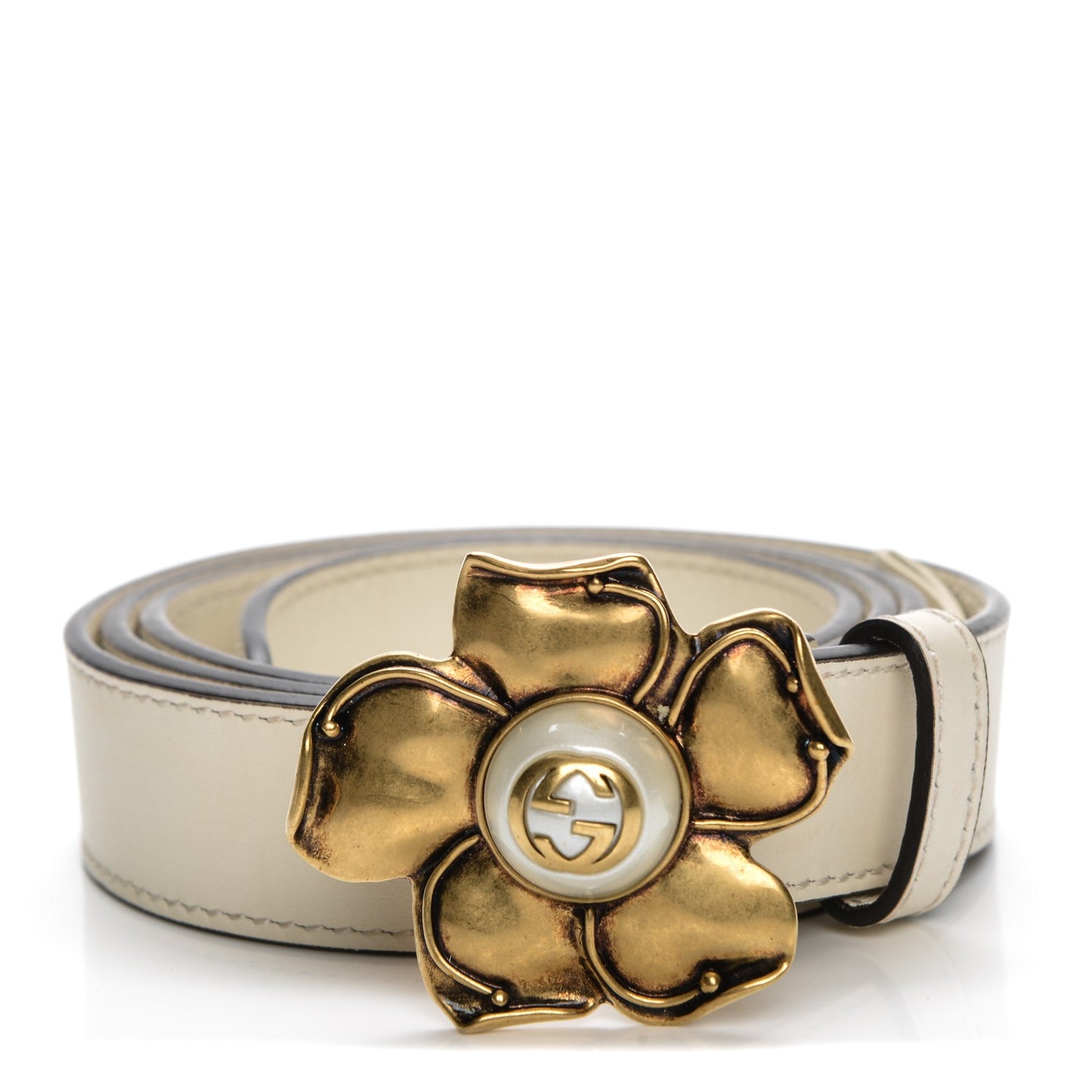 Calfskin Metal Flower Interlocking G Belt 90 36 White