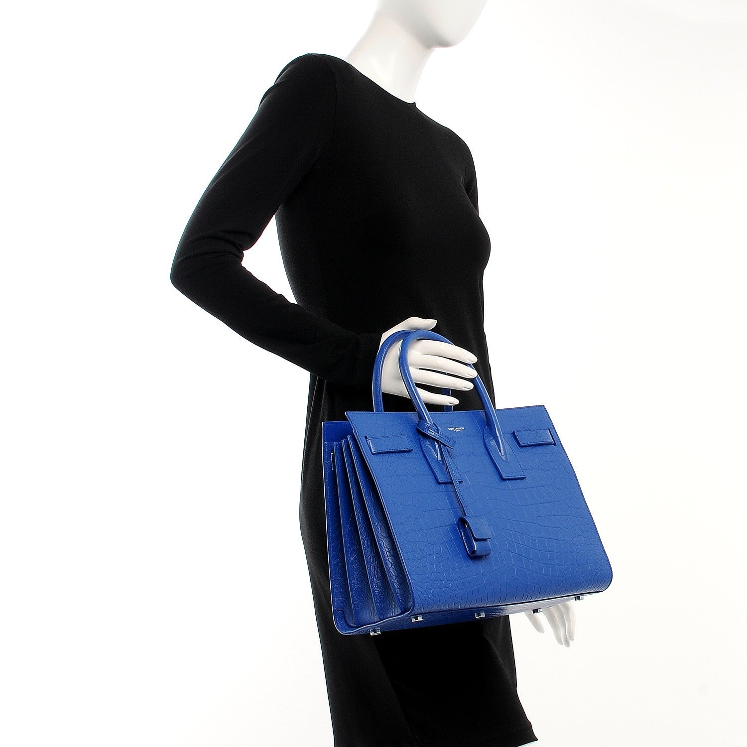 Saint Laurent Calfskin Crocodile Embossed Small Sac De Jour Royal Blue 3 of 10