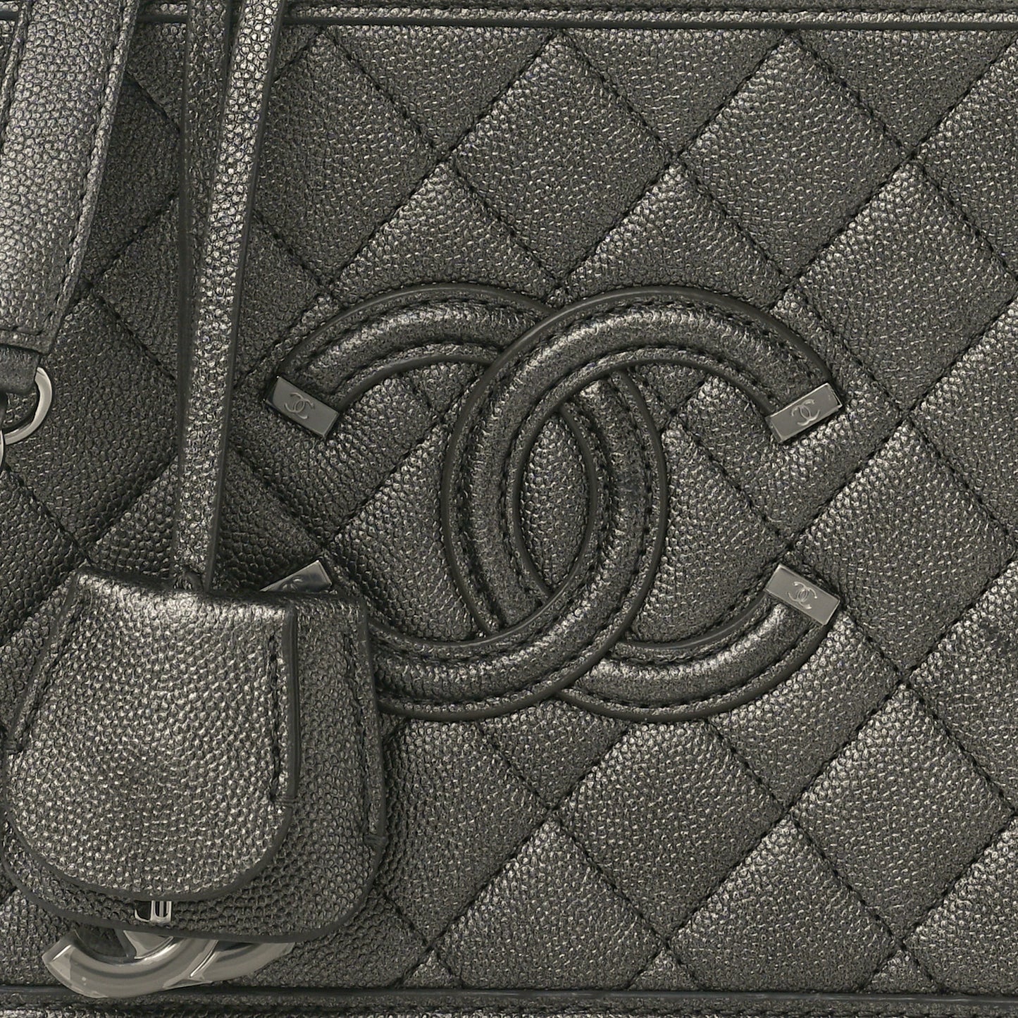 Metallic Caviar Quilted Medium CC Filigree Vanity Case Dark Silver