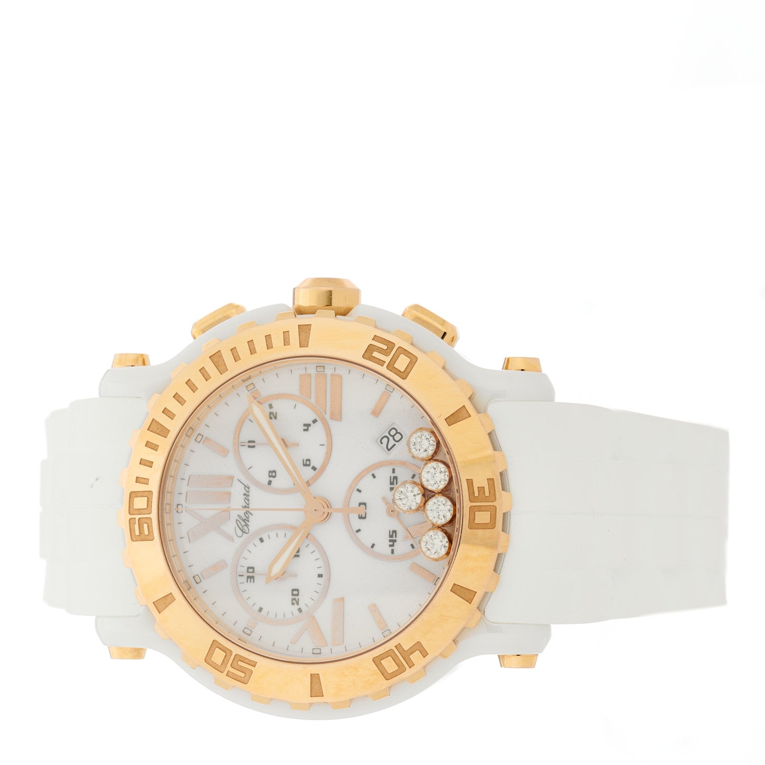 Chopard 18K Rose Gold Ceramic Rubber 5 Diamond 42mm Happy Sport Chronograph Quartz Watch 2 of 5