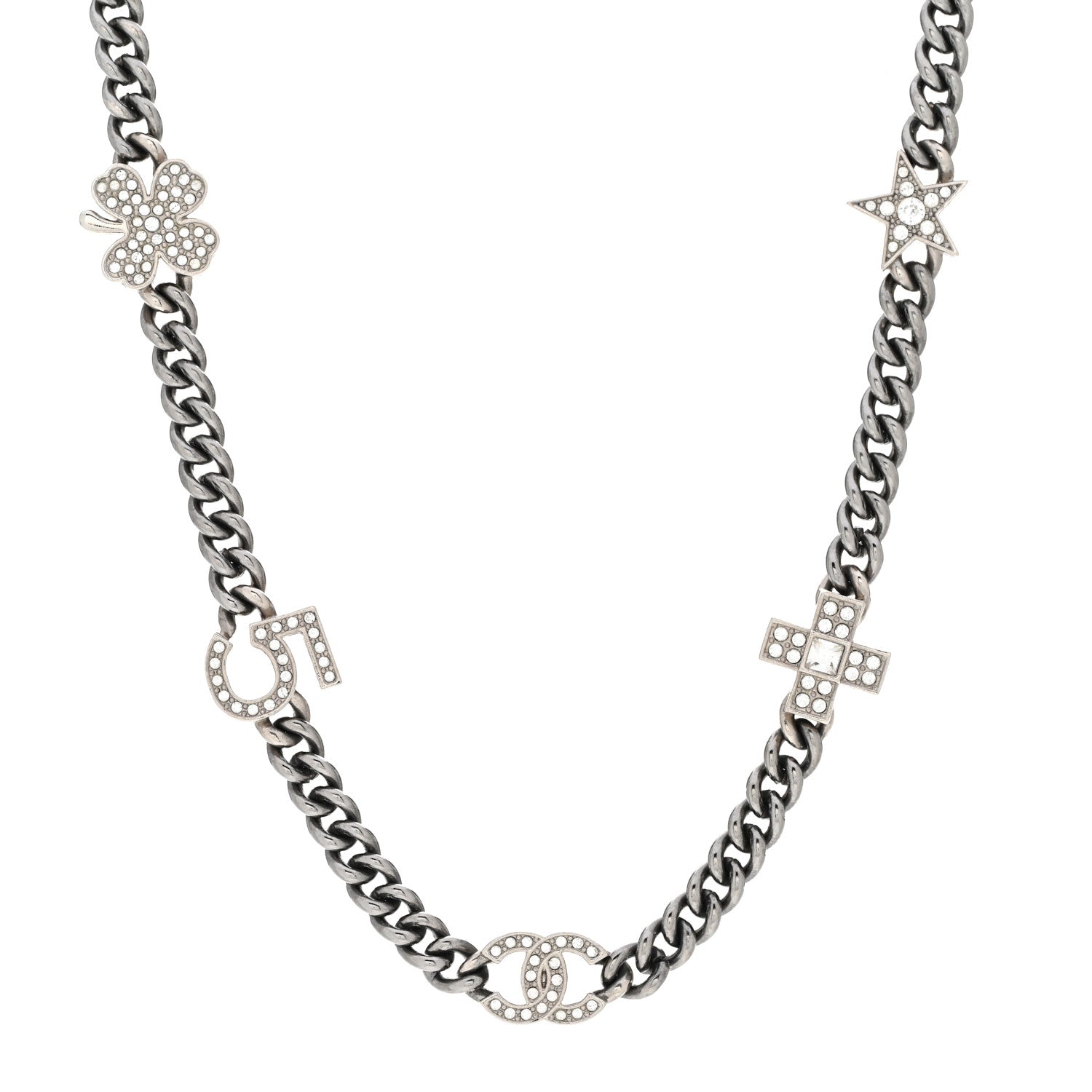 Chanel Ruthenium Crystal Chain CC Lucky Charms Choker Silver 1 of 5