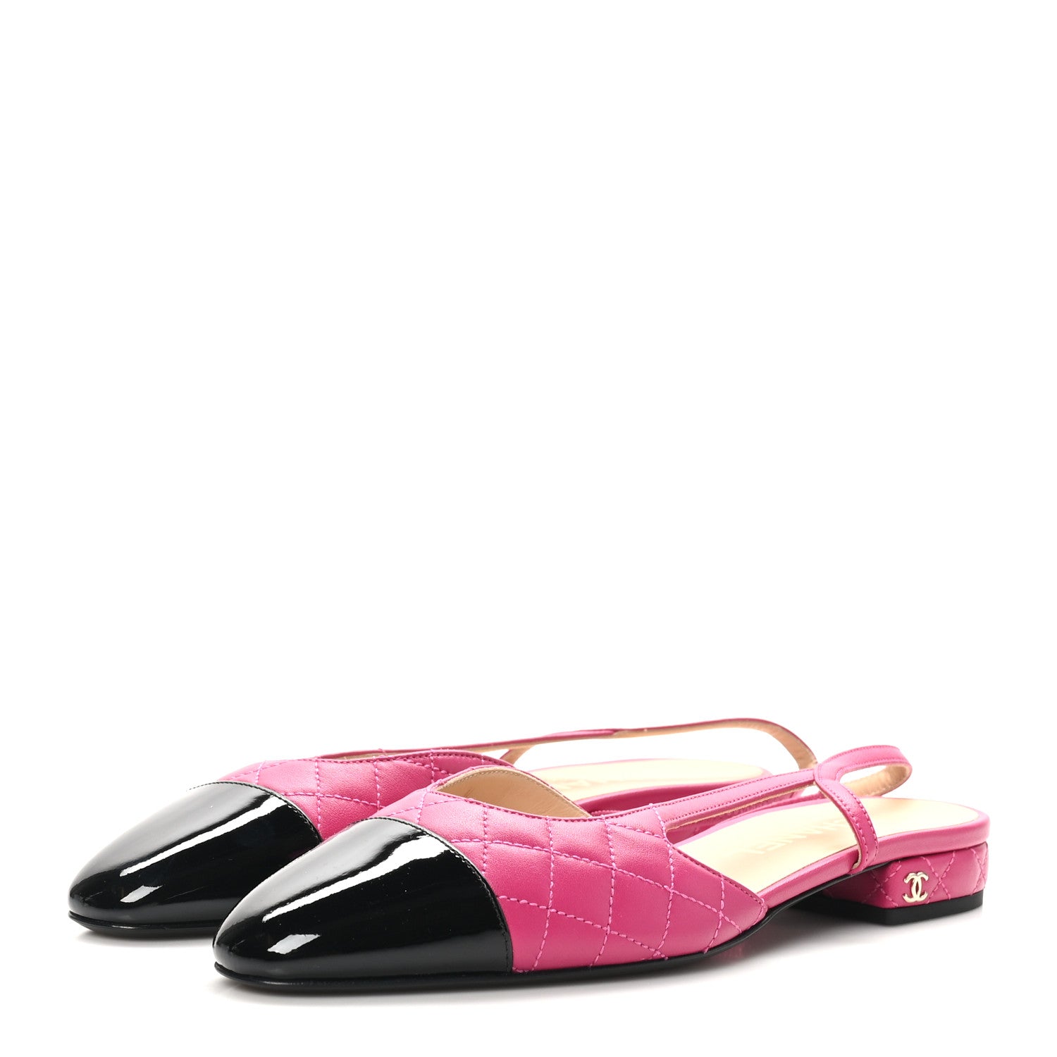 Chanel Lambskin Patent Cap Toe CC Slingback Flats 37.5 Pink Black 4 of 10