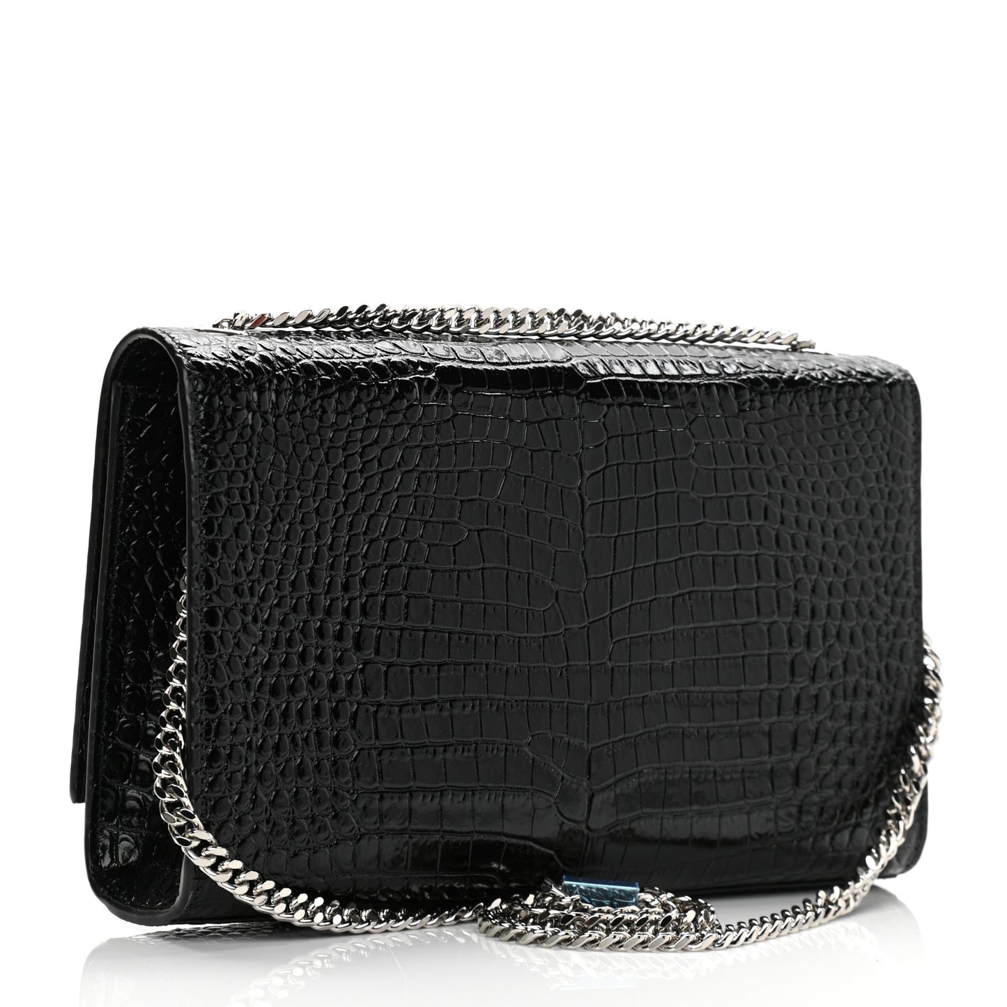 Calfskin Crocodile Embossed Medium Classic Monogram Kate Tassel Satchel Black