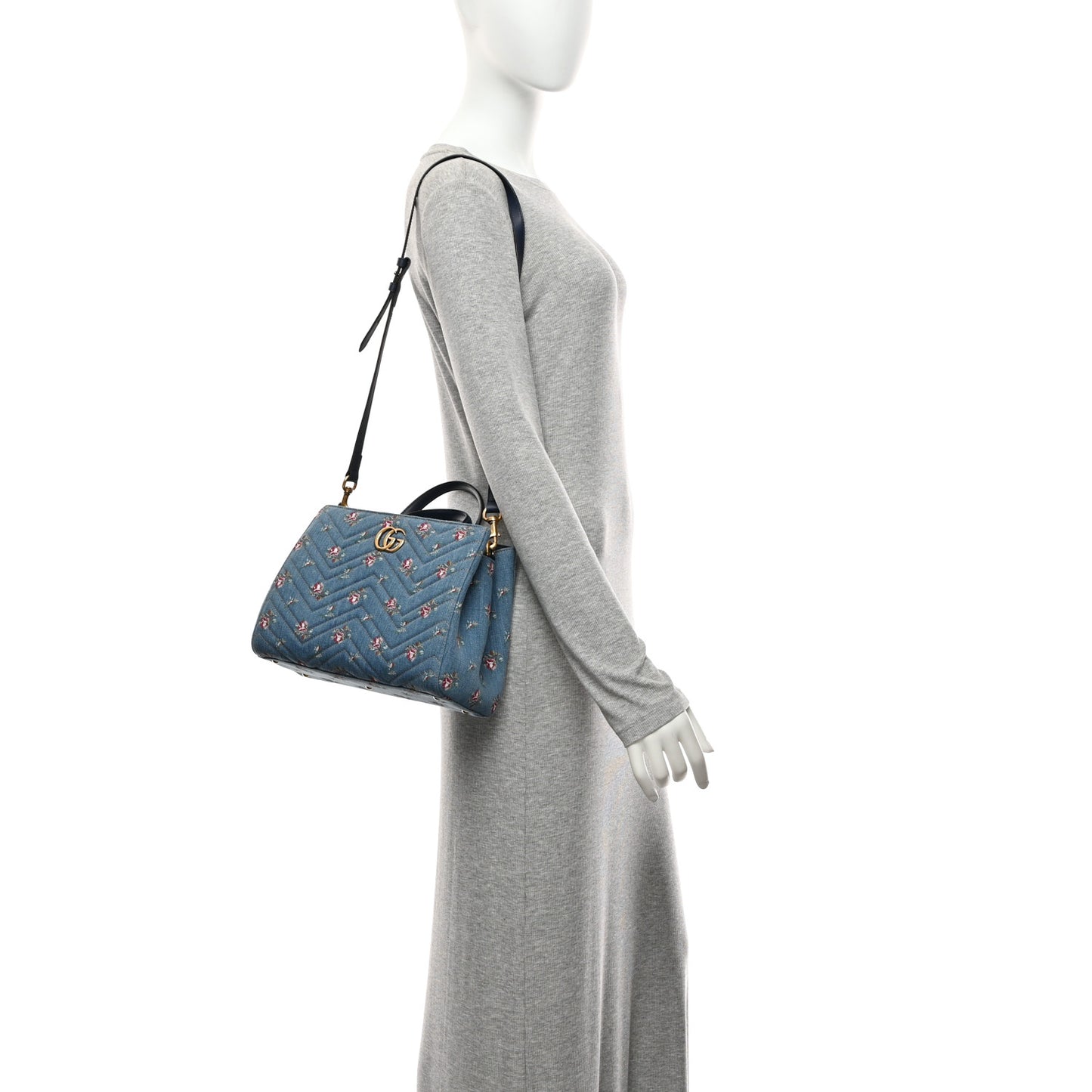 Denim Matelasse Flora Small GG Marmont Tote Blue