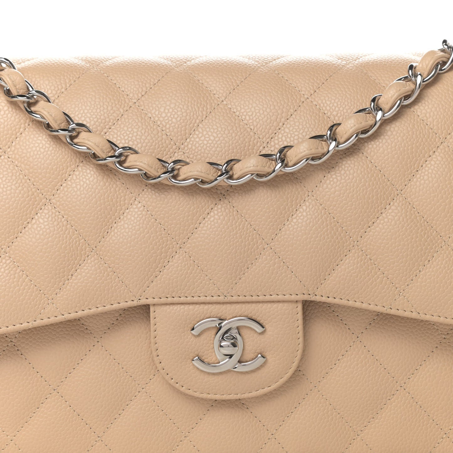 Caviar Quilted Jumbo Double Flap Beige Clair