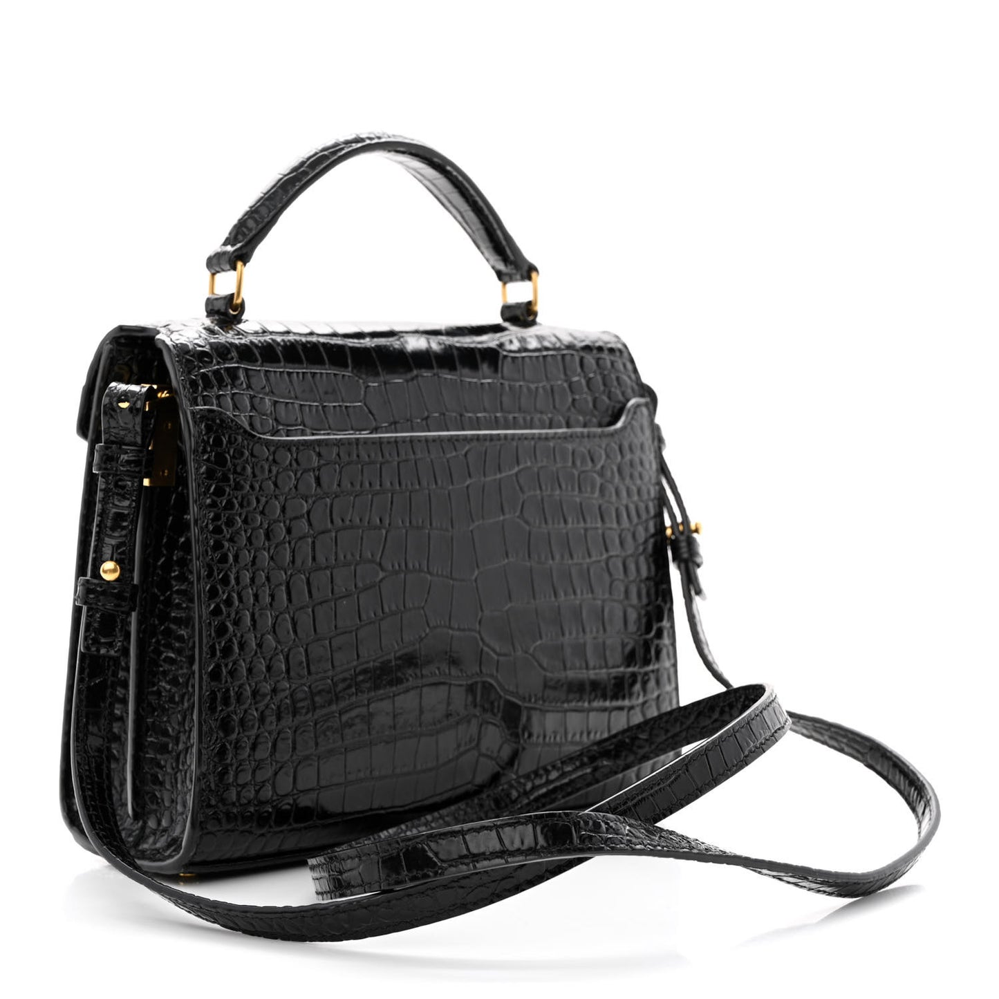 Calfskin Crocodile Embossed Mini Classic Monogram Cassandra Top Handle Black