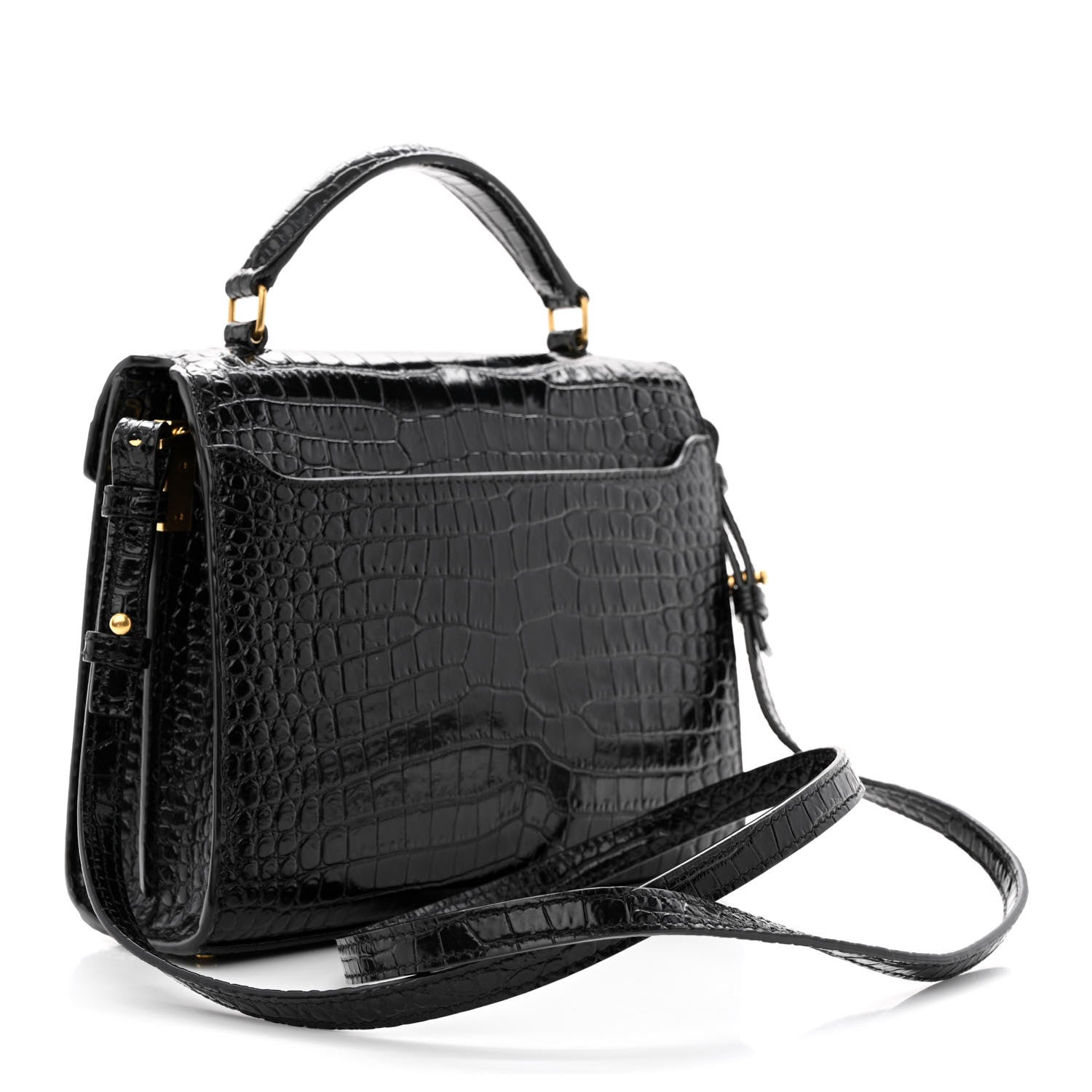 Saint Laurent Calfskin Crocodile Embossed Mini Classic Monogram Cassandra Top Handle Black 3 of 10