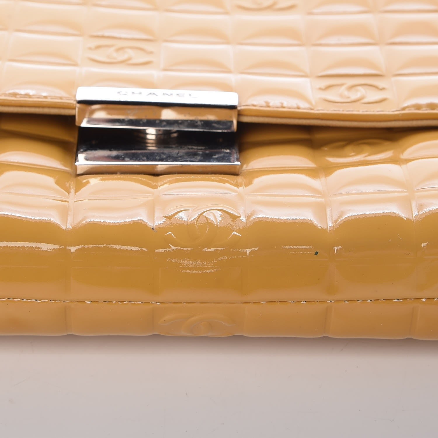 Chanel Patent Quilted Chocolate Bar Top Handle Clutch Yellow 12 of 12