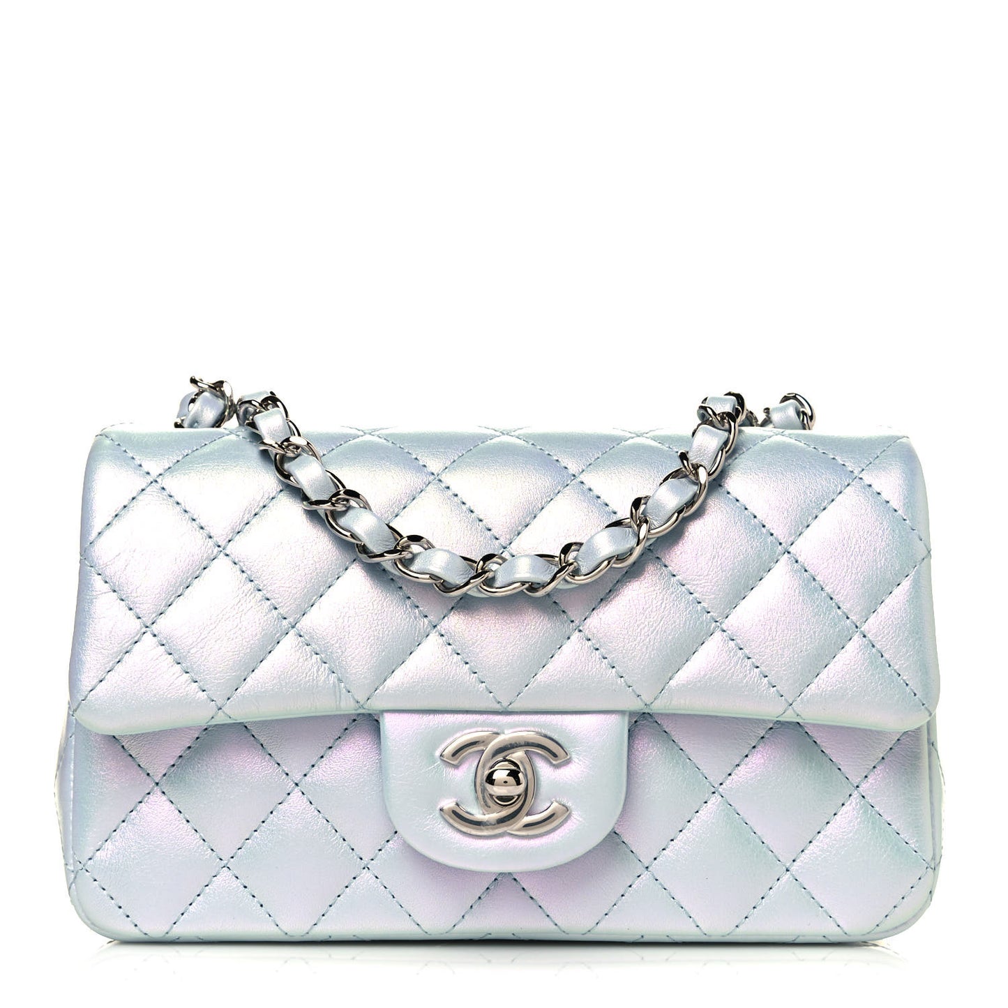 Iridescent Calfskin Quilted Mini Rectangular Flap Light Blue