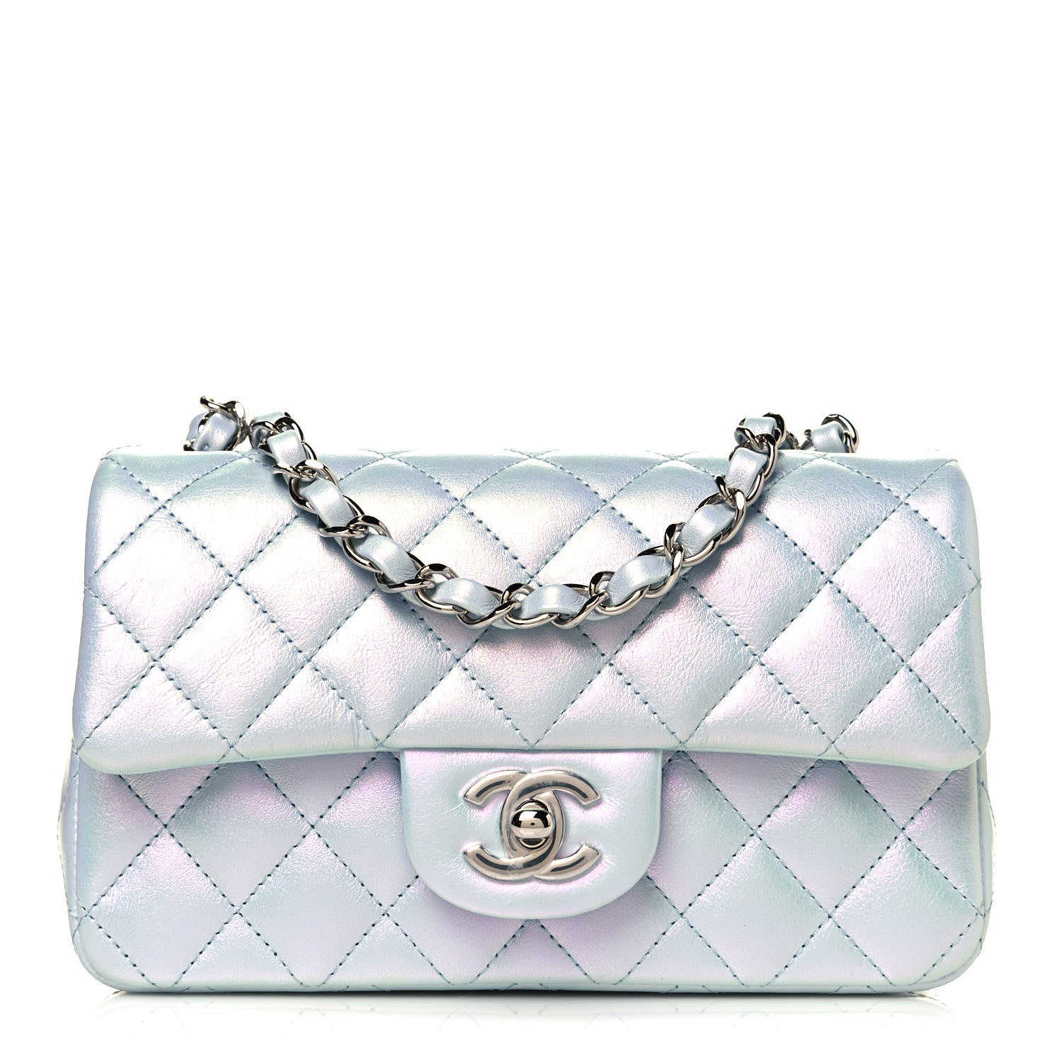 Chanel Iridescent Calfskin Quilted Mini Rectangular Flap Light Blue 1 of 11