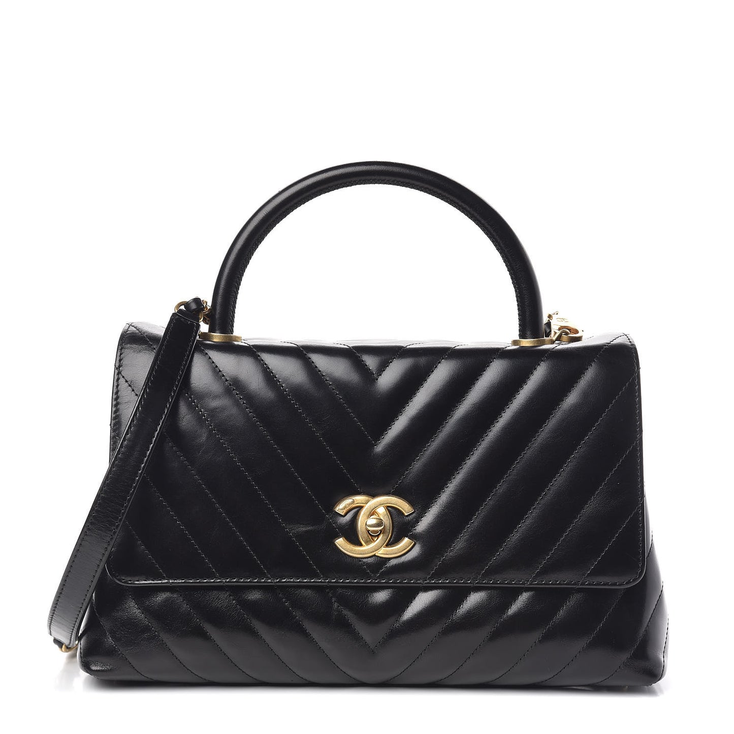 Calfskin Chevron Quilted Small Coco Handle Flap Black