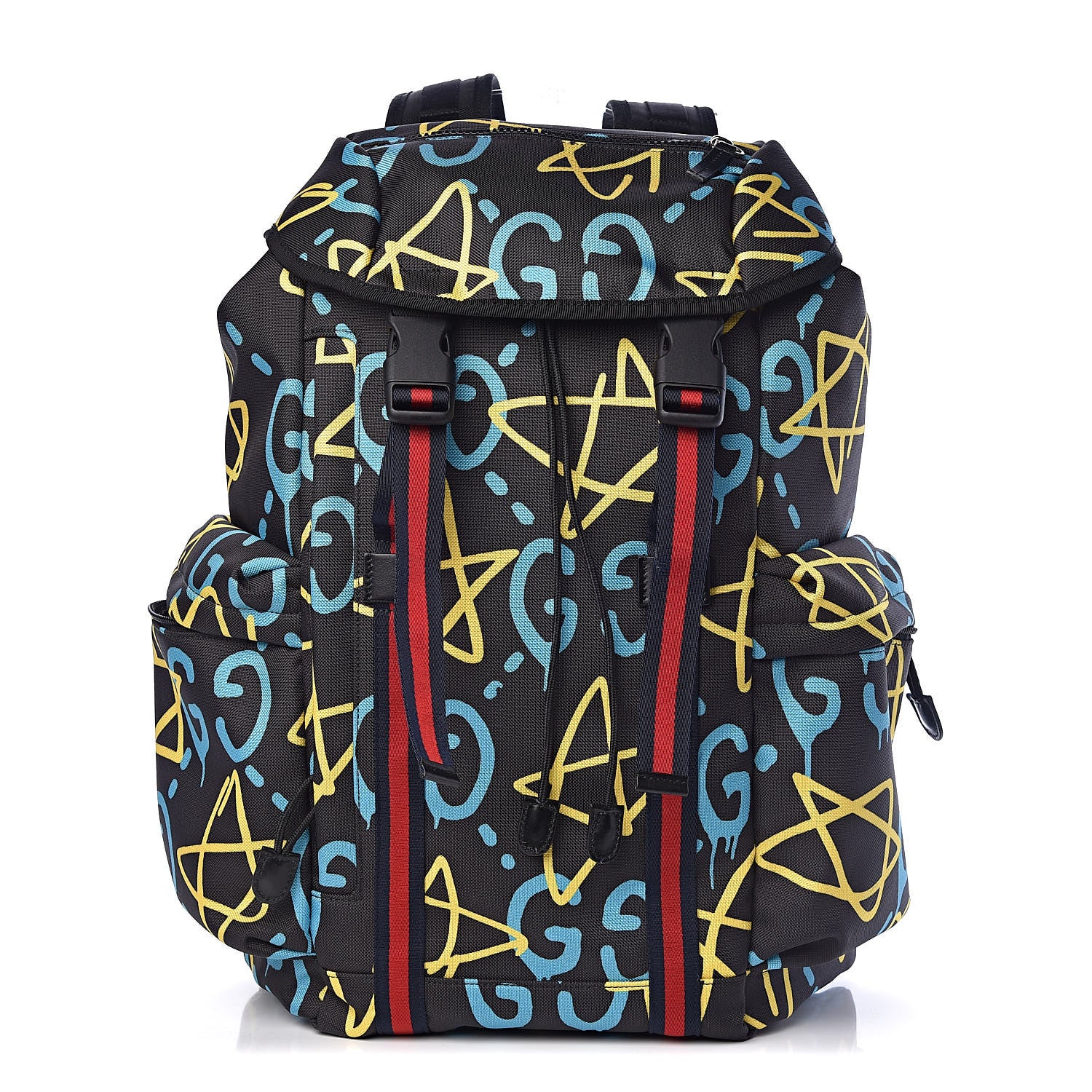 Gucci Techno Canvas GucciGhost Double Buckle Backpack Black New Acquamarine 1 of 11