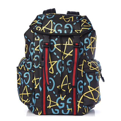 Gucci Techno Canvas GucciGhost Double Buckle Backpack Black New Acquamarine 1 of 11
