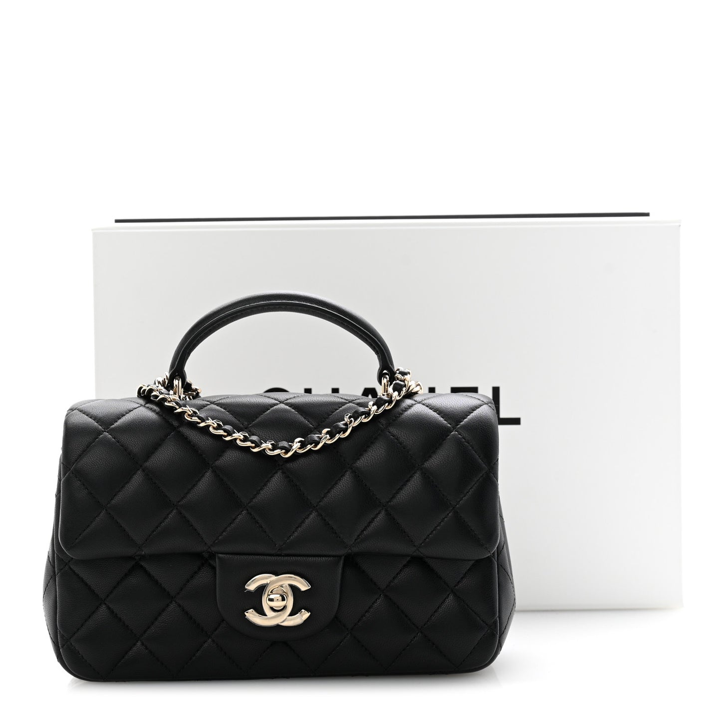 Lambskin Quilted Mini Top Handle Rectangular Flap Black