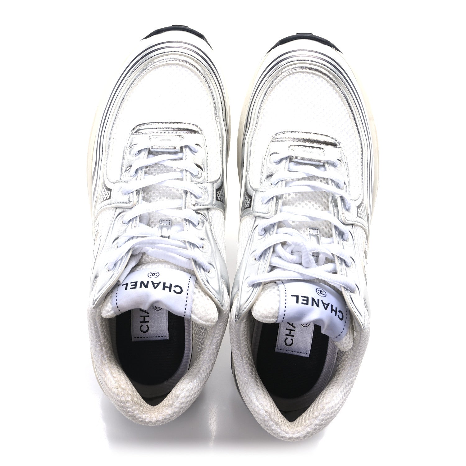 Chanel Fabric Laminated Calfskin Stretch CC Sneakers 39 White Silver 2 of 9