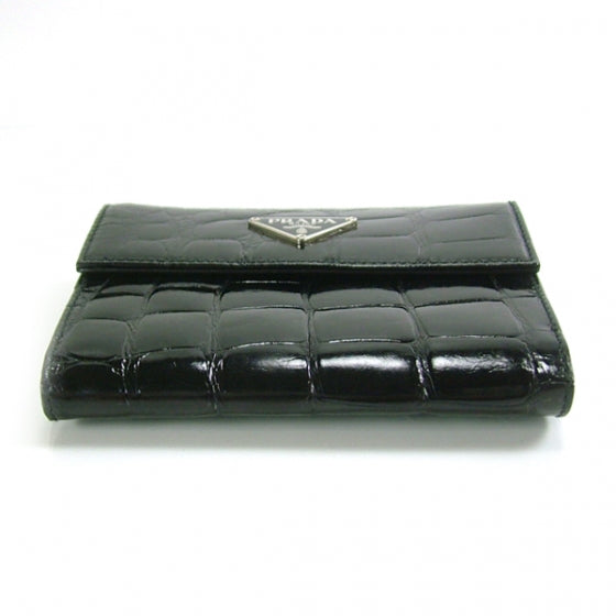 Crocodile Embossed Small Flap Wallet Black