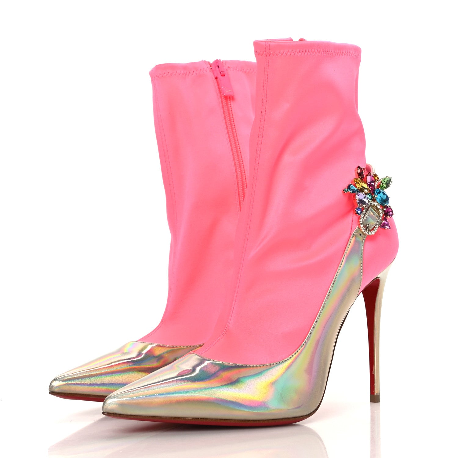 Christian Louboutin Iridescent Patent Crystal Jessie Joli Ankle Boot 37 Rose Fluorescent 3 of 6