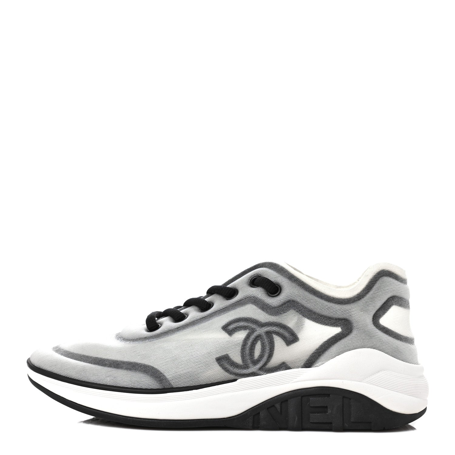 Chanel Calfskin Mesh Lycra Womens Logo Sneakers 38.5 White Black 1 of 7