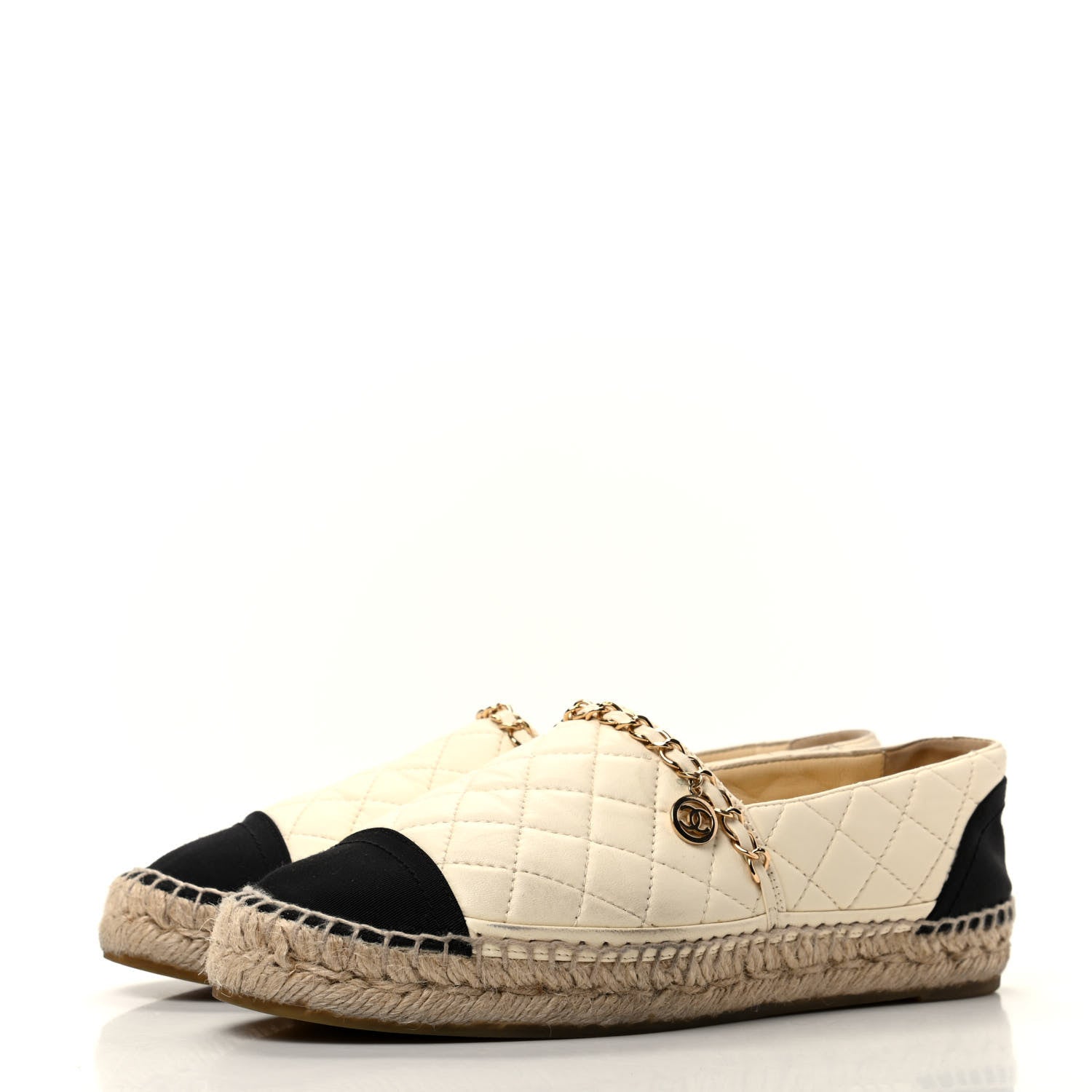 Chanel Lambskin Grosgrain Quilted CC Chain Espadrilles 38 Beige Black 3 of 9