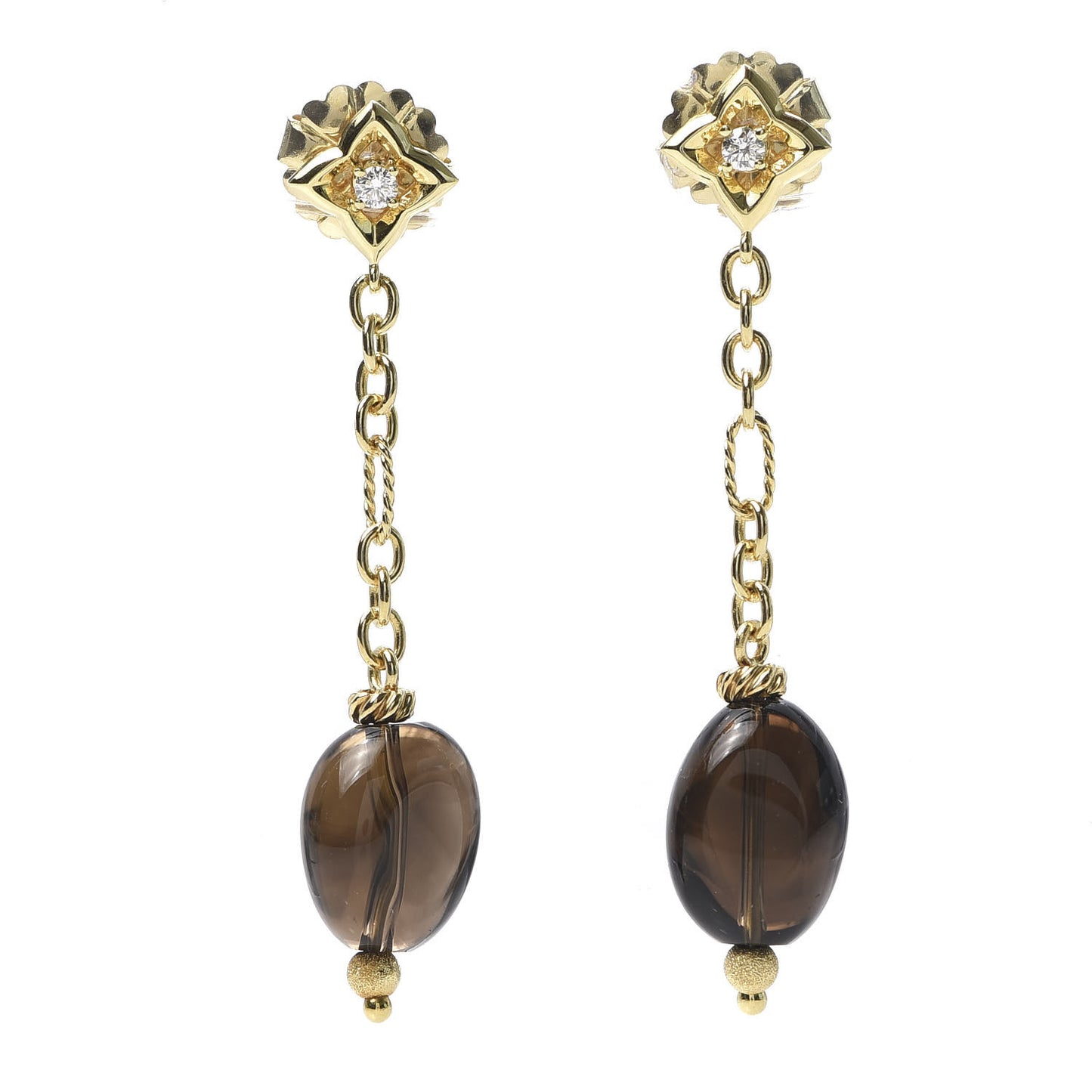 18K Yellow Gold Diamond Smoky Quartz Quatrefoil Drop Earrings