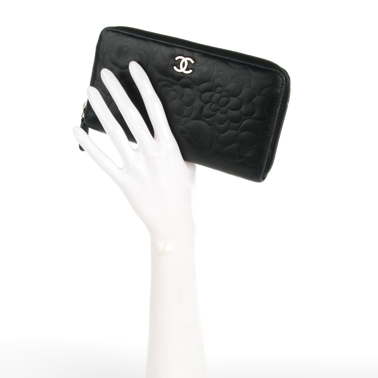 Lambskin Camellia Embossed Large Zip Around Gusset Wallet Black