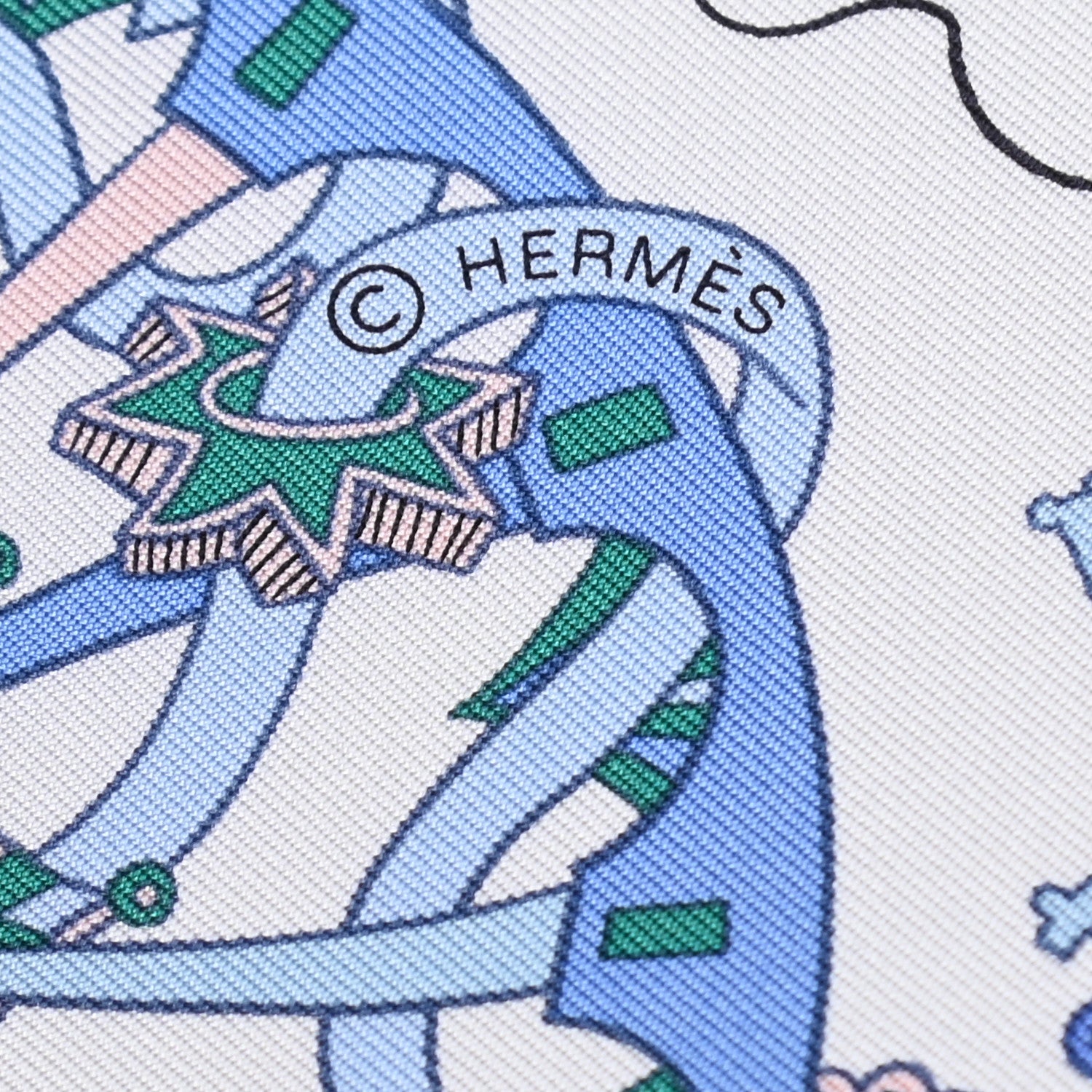 Hermes Silk Twill La Folle Parade Scarf 90 Bleu Jean White Rose 6 of 6