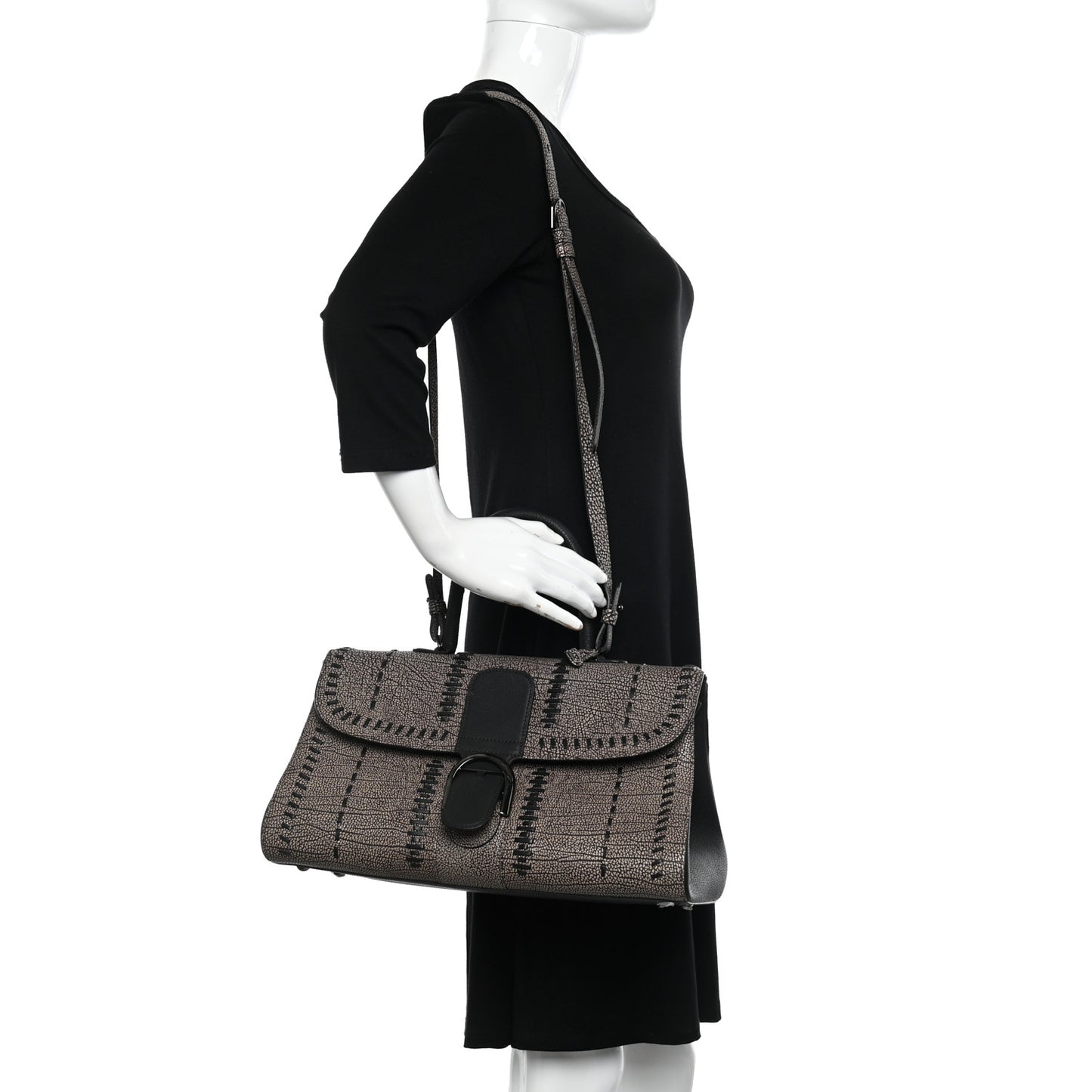 Grained Calfskin Tribal Stitch Brillant East West Satchel Ebene Ivory Black