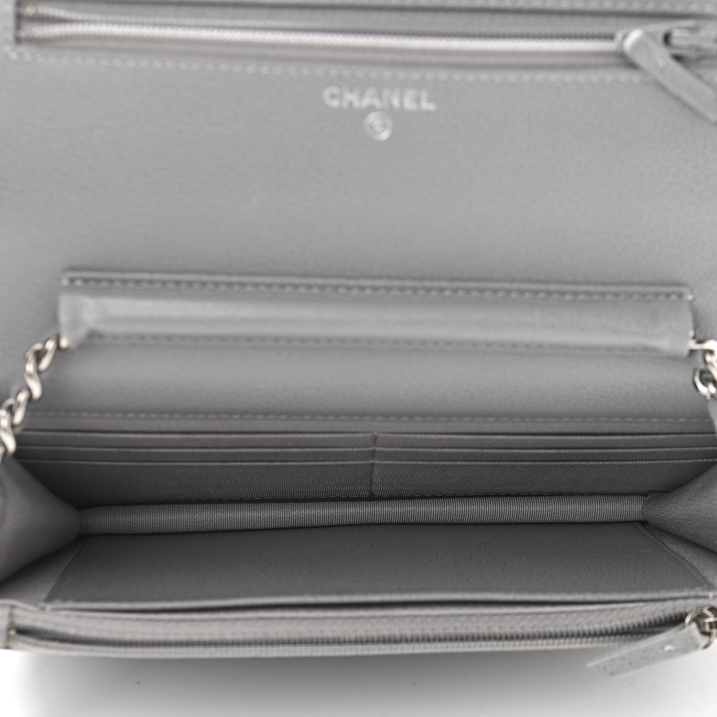 Grained Calfskin Quilted CC Box Wallet On Chain WOC Grey