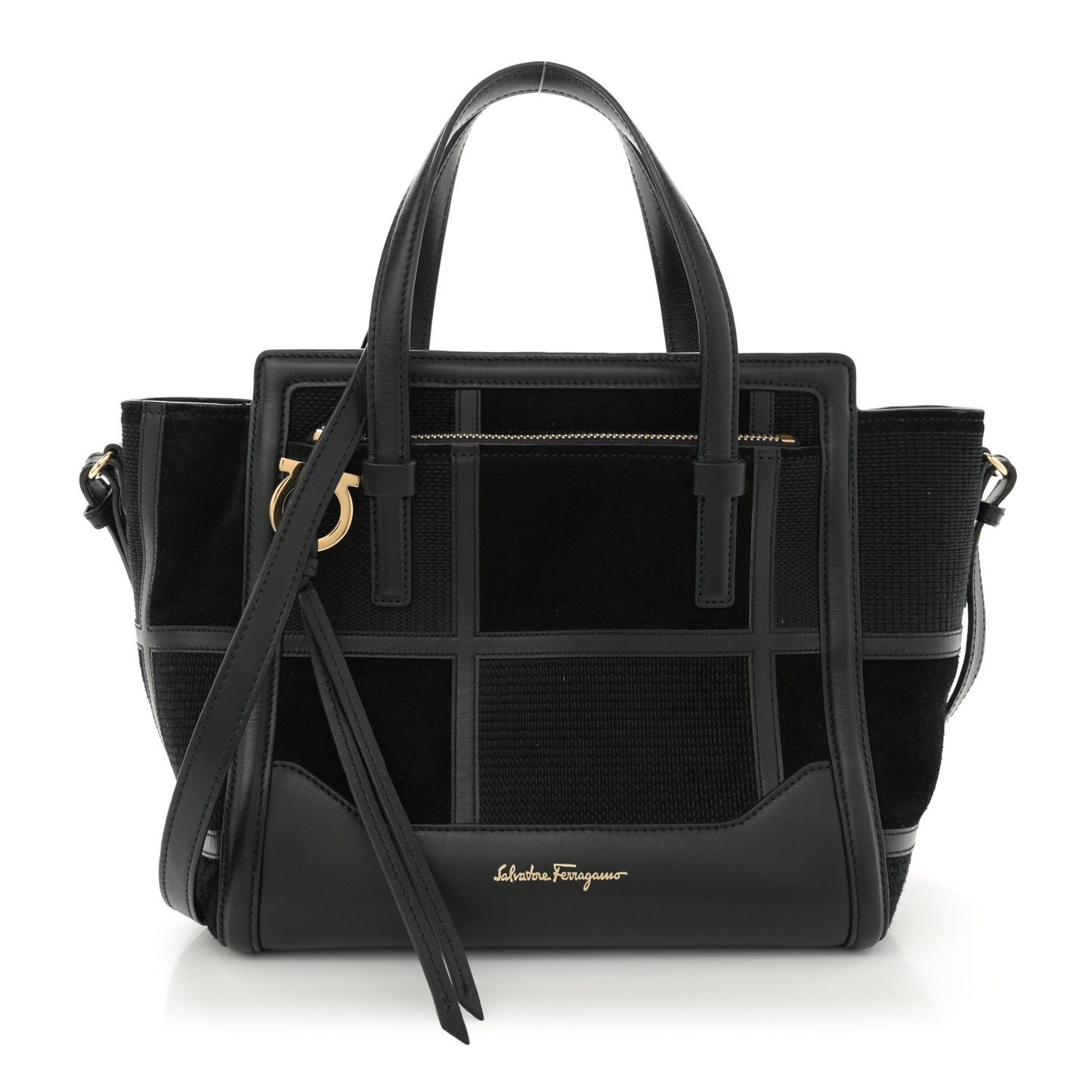 Calfskin Suede Patchwork Double Handle Small Amy Tote Black