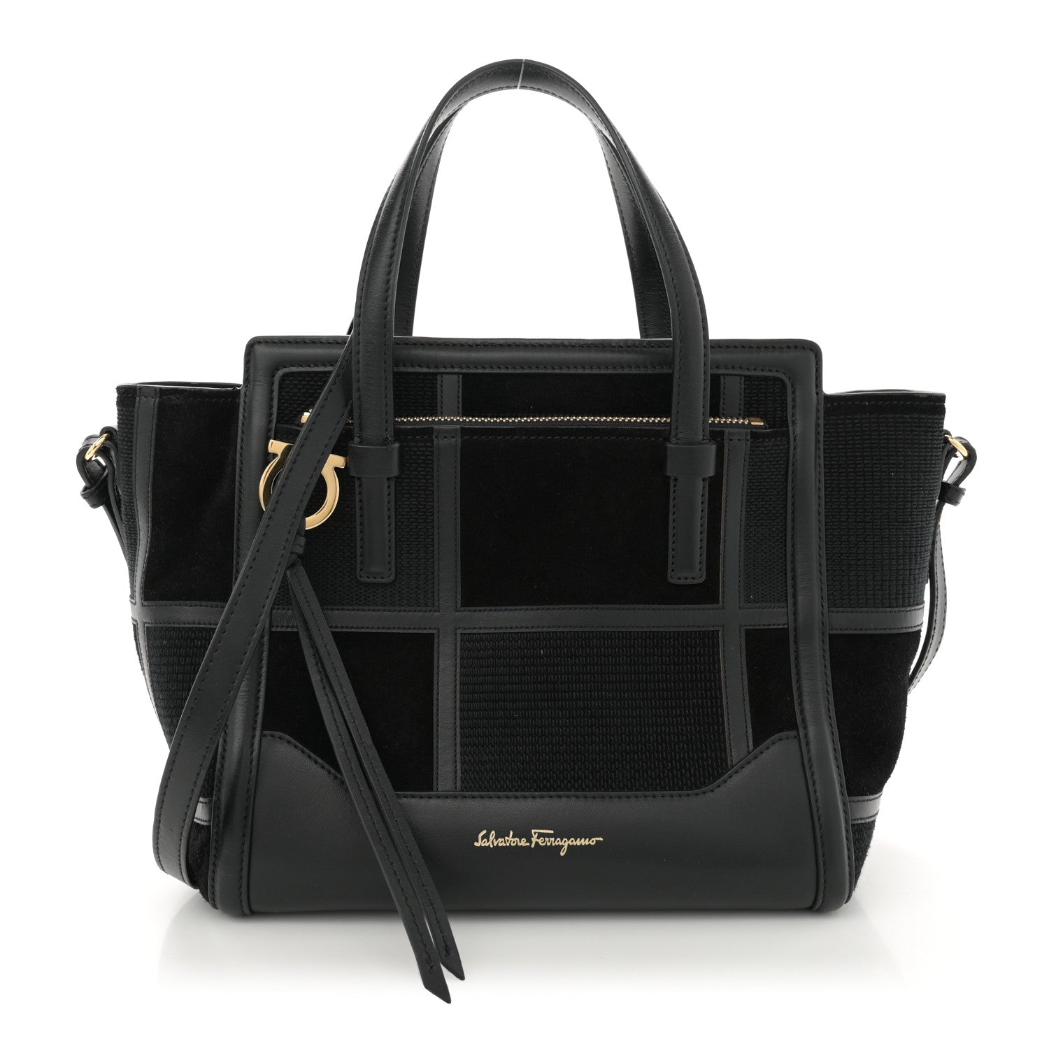 Salvatore Ferragamo Calfskin Suede Patchwork Double Handle Small Amy Tote Black 1 of 11