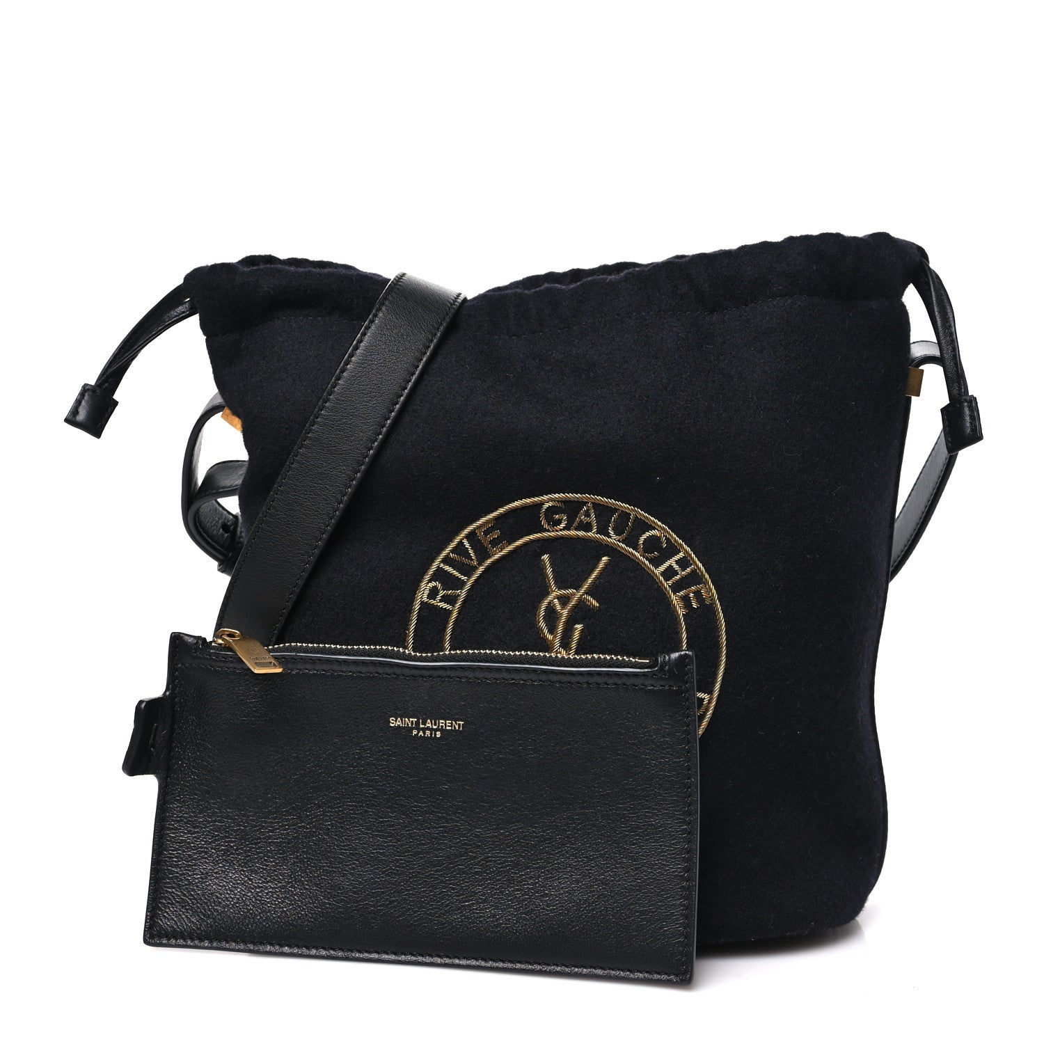 Saint Laurent Wool Calfskin Rive Gauche Bucket Bag Black Gold