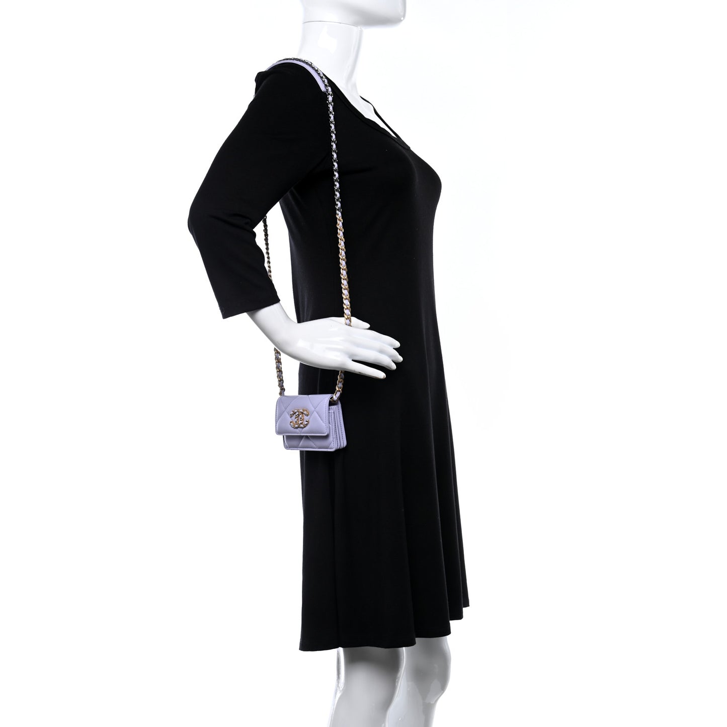 Lambskin Quilted Chanel 19 Flap Card Holder With Chain Light Purple