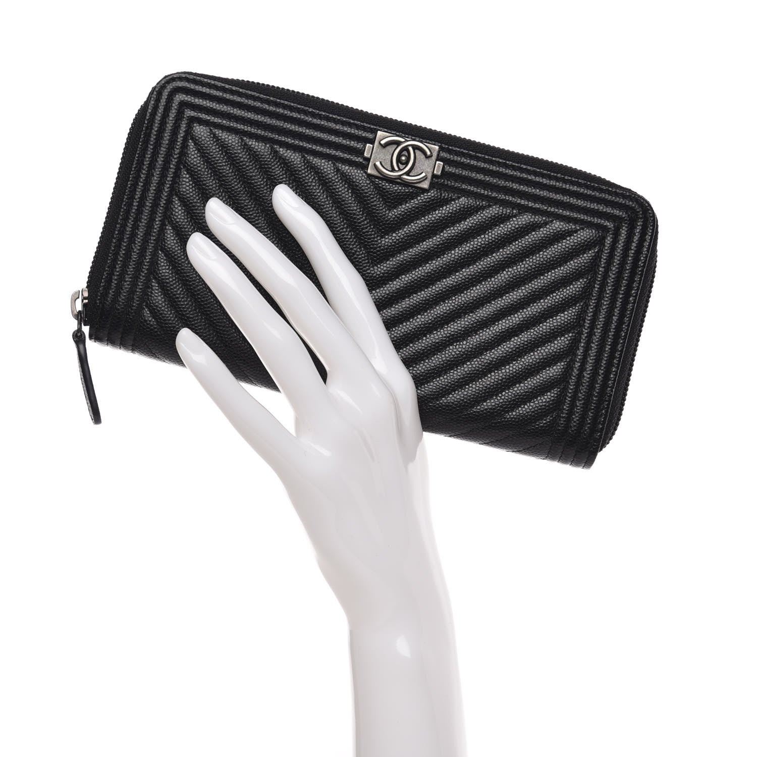Chanel Caviar Chevron Quilted Zip Around Boy Wallet Black 2 of 8